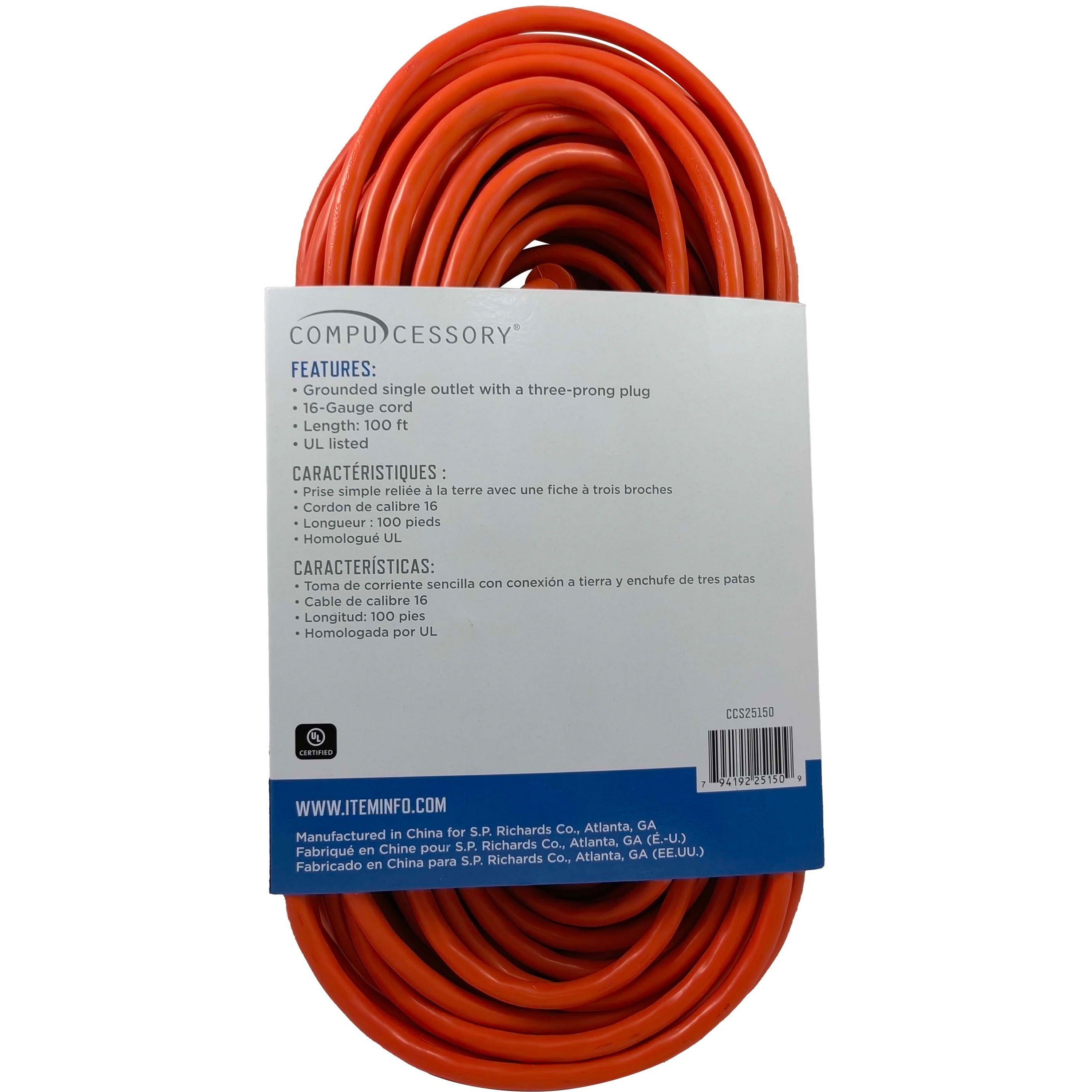Compucessory Heavy-duty Indoor/Outdoor Extension Cord - 16 Gauge - 125 V AC13 A - Orange - 100 ft Cord Length - 1 -