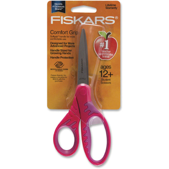 Fiskars Student Scissors - 2.80" Cutting Length - 7" Overall Length - Left/Right - Stainless Steel - Pointed Tip - Turquoise, Red, Lime, Blue, Pink, Purple - 1 Each -