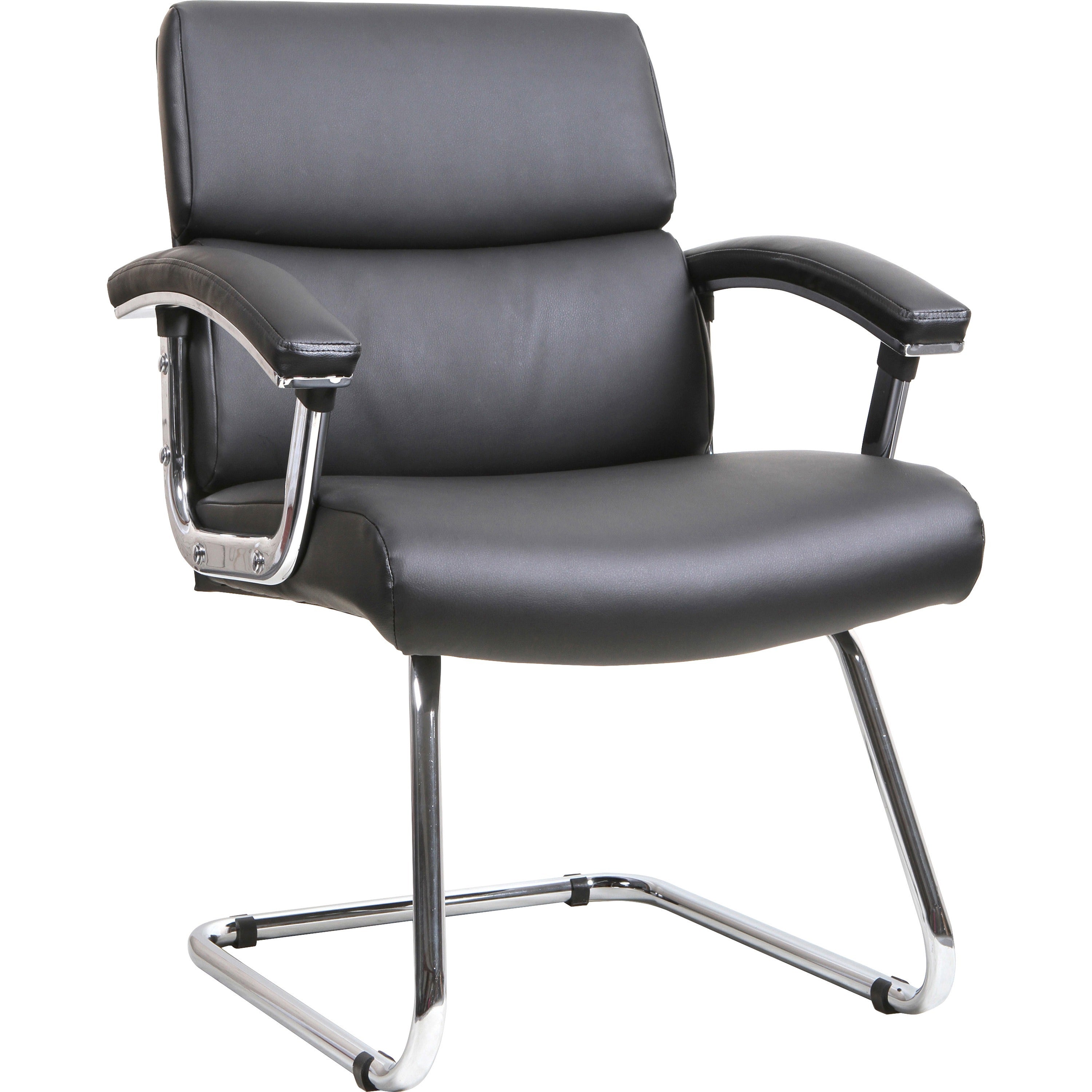 Lorell Padded Arm Guest Chair - Black Bonded Leather Seat - Black Back - Sled Base - Black - Leather - 1 Each -