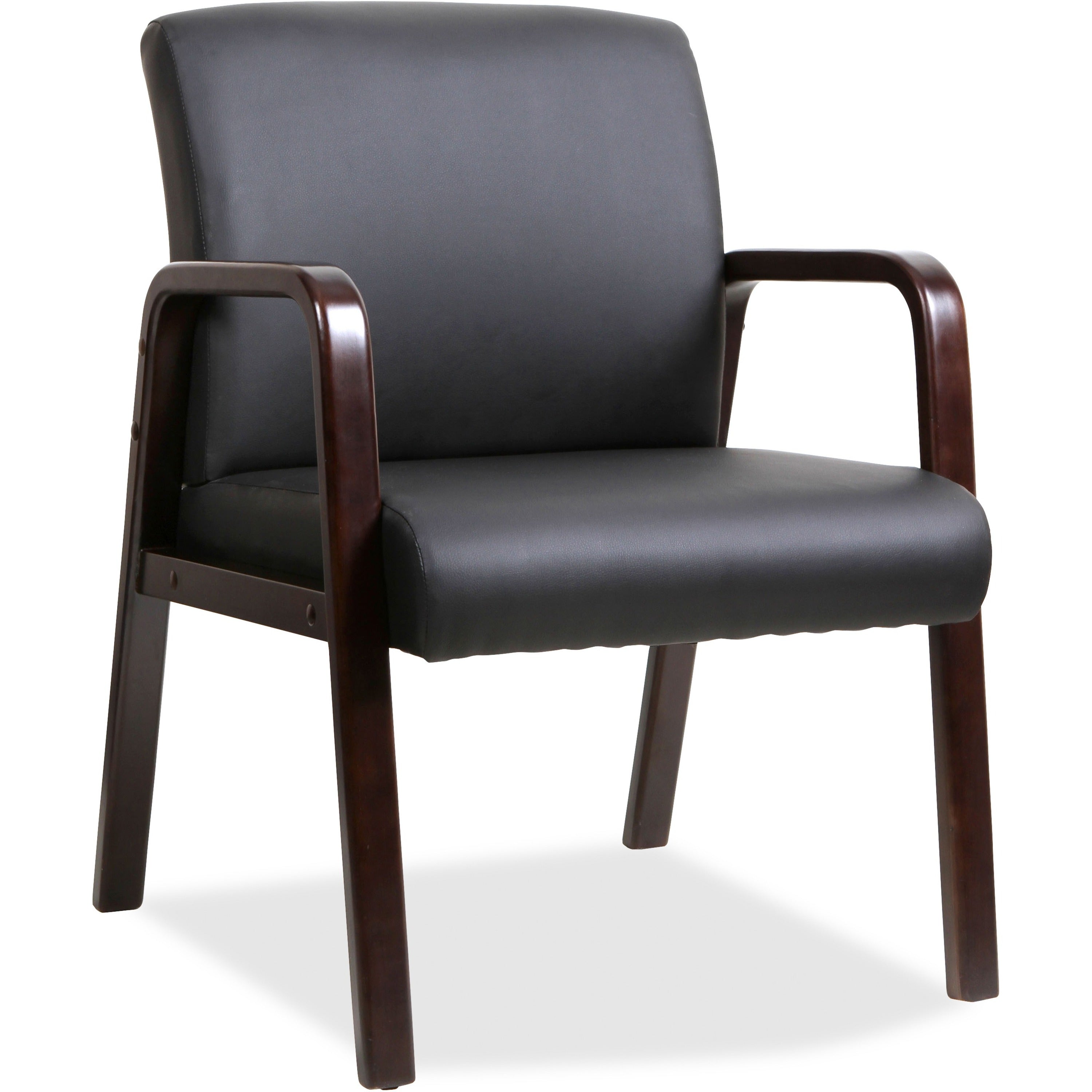 Lorell Upholstered Guest Chair - Black Bonded Leather Seat - Black Bonded Leather Back - Espresso Solid Wood Frame - Four-legged Base - Armrest - 1 Each -