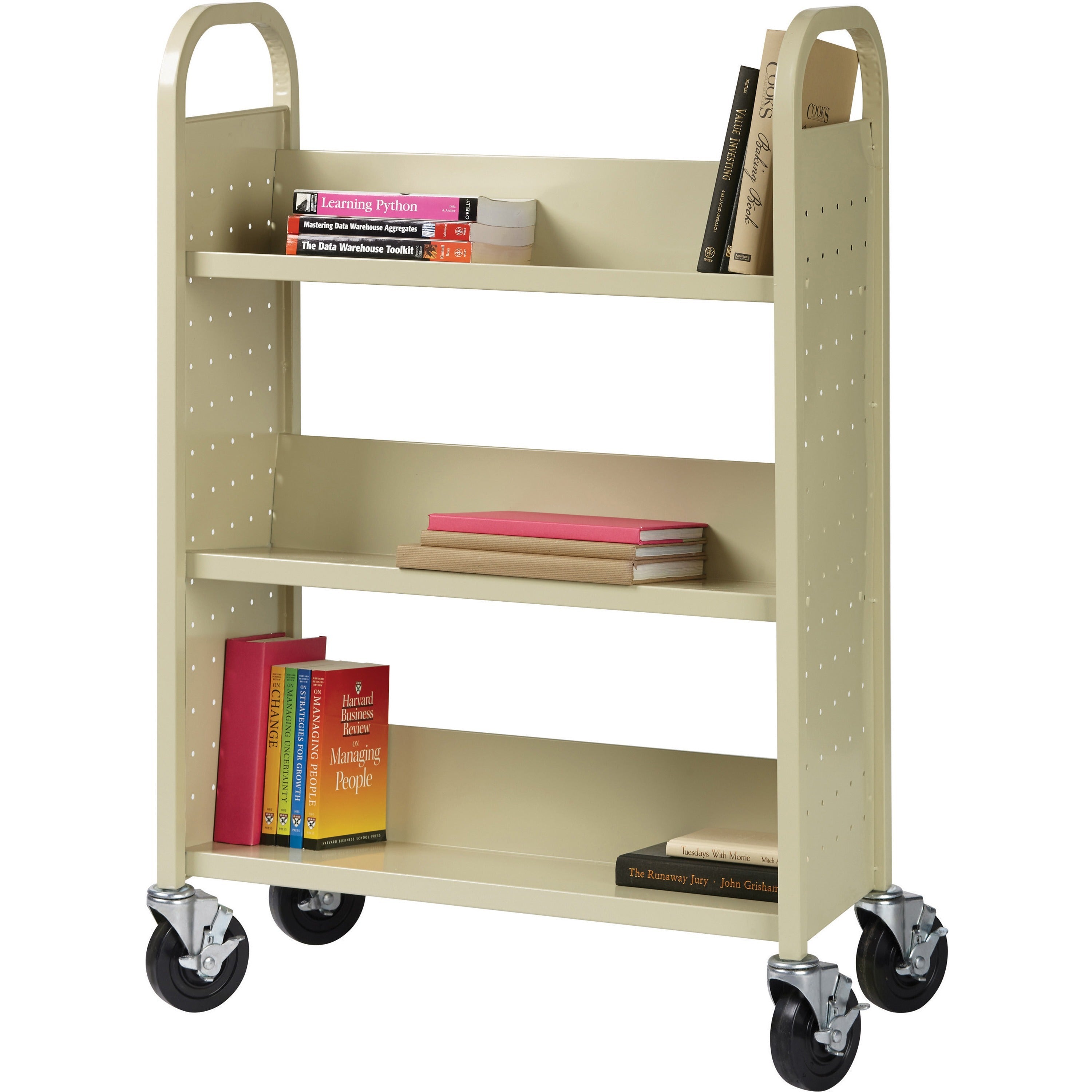 lorell-single-sided-book-cart-3-shelf-200-lb-capacity-5-caster-size-steel-x-39-width-x-14-depth-x-46-height-putty-1-each_llr49204 - 1