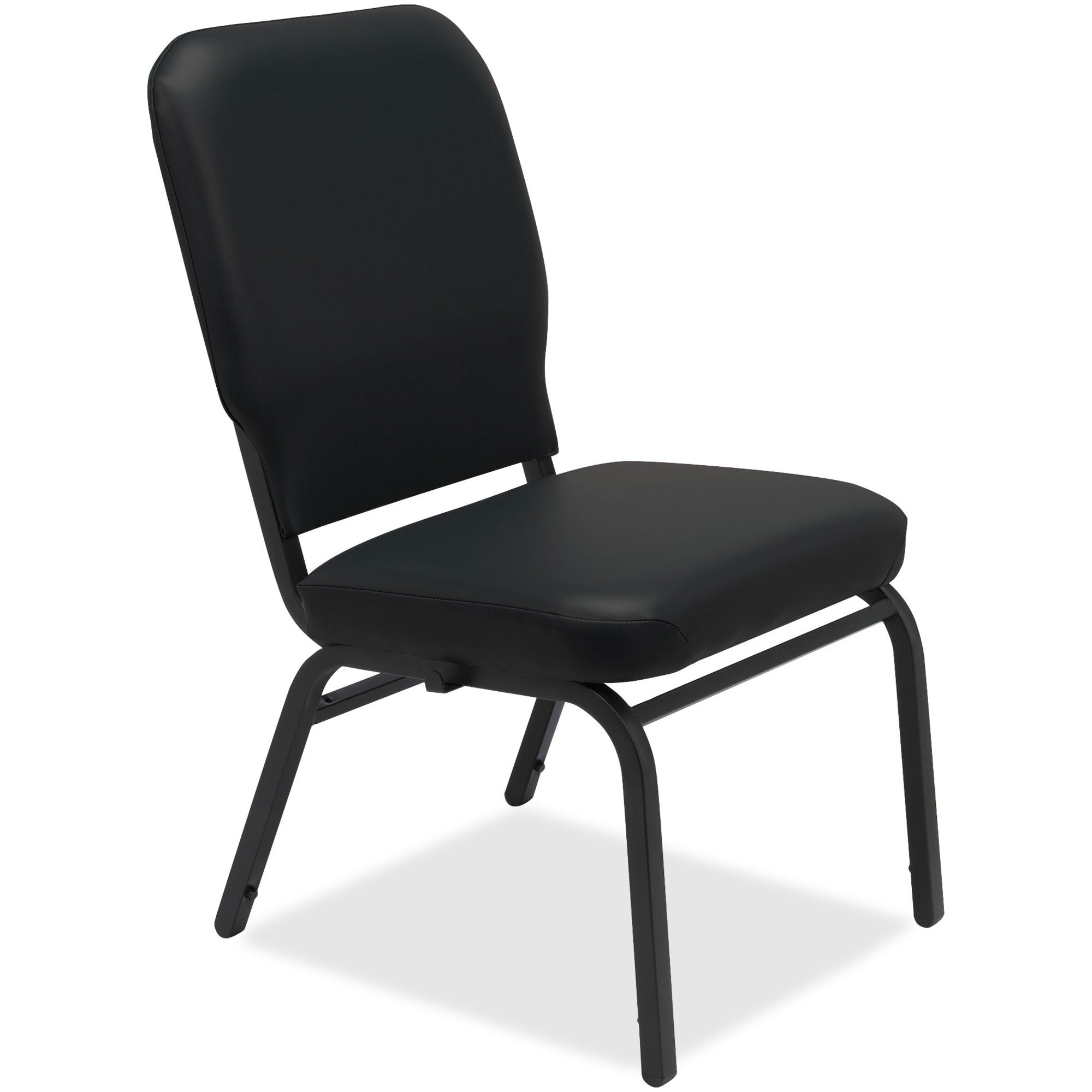 Lorell Oversize Stack Chairs with No Arms - Black Vinyl Seat - Black Vinyl Back - Steel Frame - Four-legged Base - 2 / Carton -