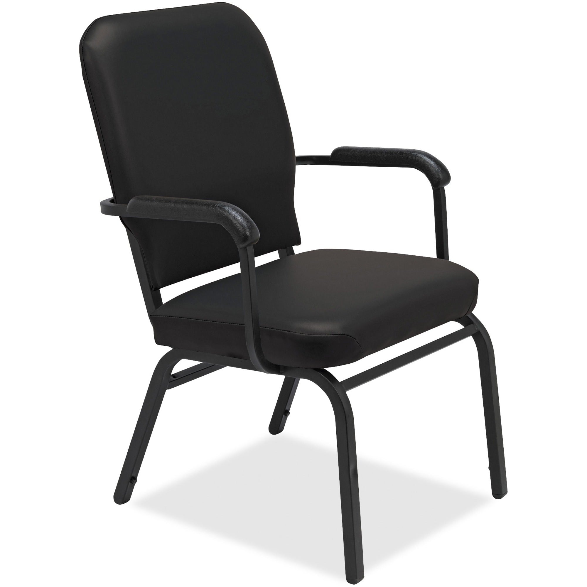 Lorell Oversize Stack Chairs with Arms - Black Vinyl Seat - Black Vinyl Back - Steel Frame - Four-legged Base - 2 / Carton -