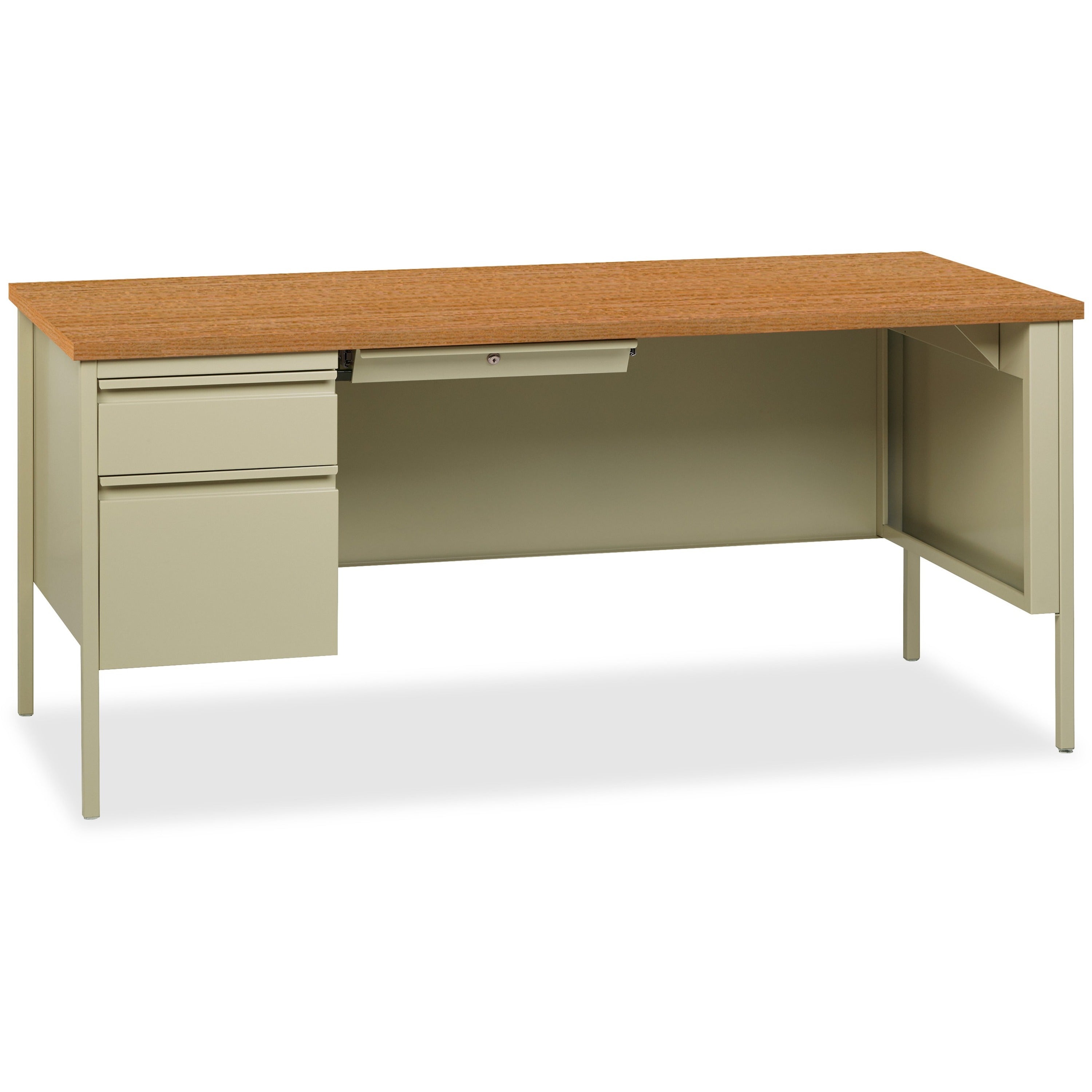 lorell-fortress-series-left-pedestal-desk-for-table-toprectangle-top-x-66-table-top-width-x-30-table-top-depth-x-112-table-top-thickness-2950-height-assembly-required-oak-oak-laminate-putty-steel-1-each_llr60917 - 1