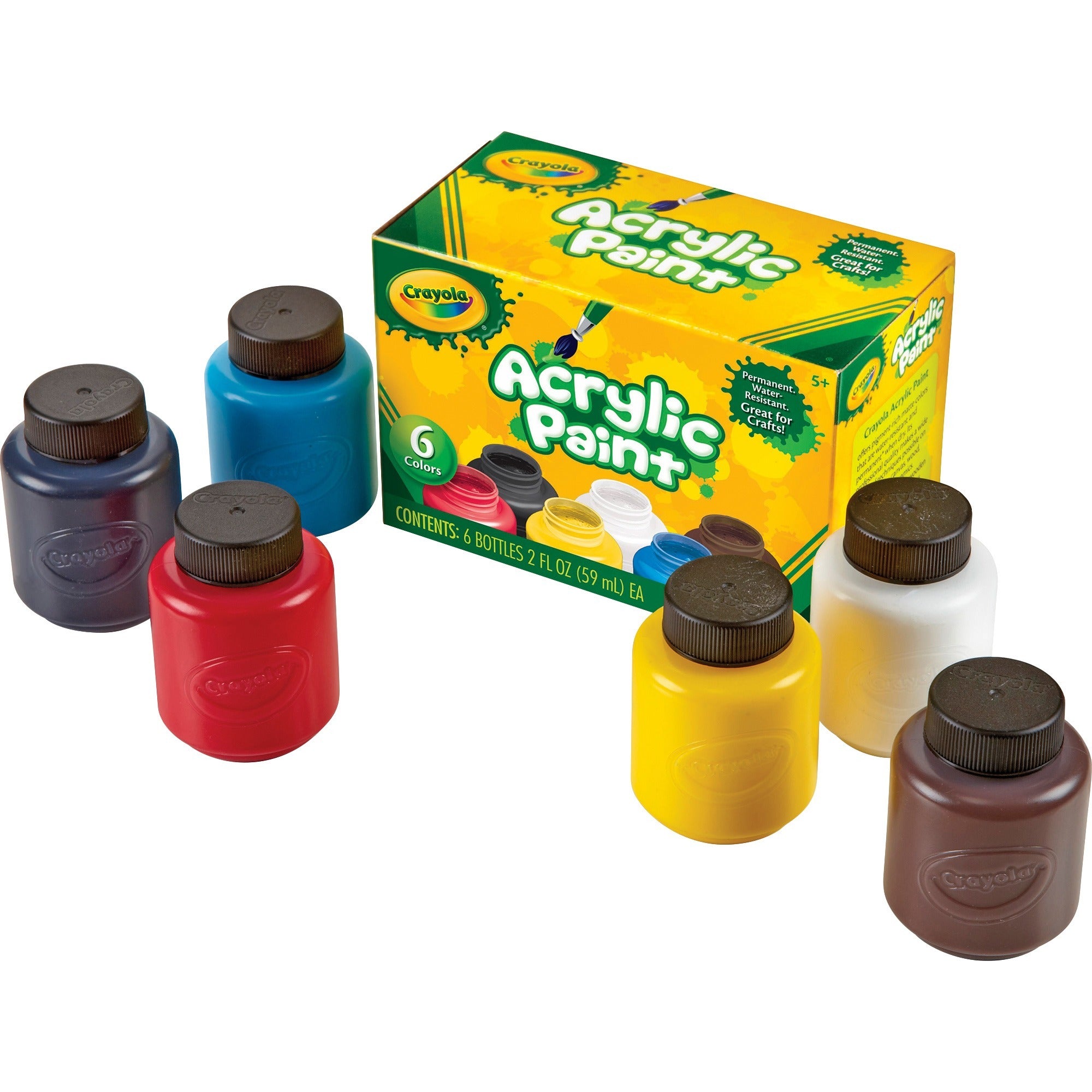 Crayola 6-color Acrylic Paint Set - 2 oz - 6 / Set - Deep Red, Brilliant Yellow, Burnt Umber, Ivory Black, Titanium White, Brilliant Blue -