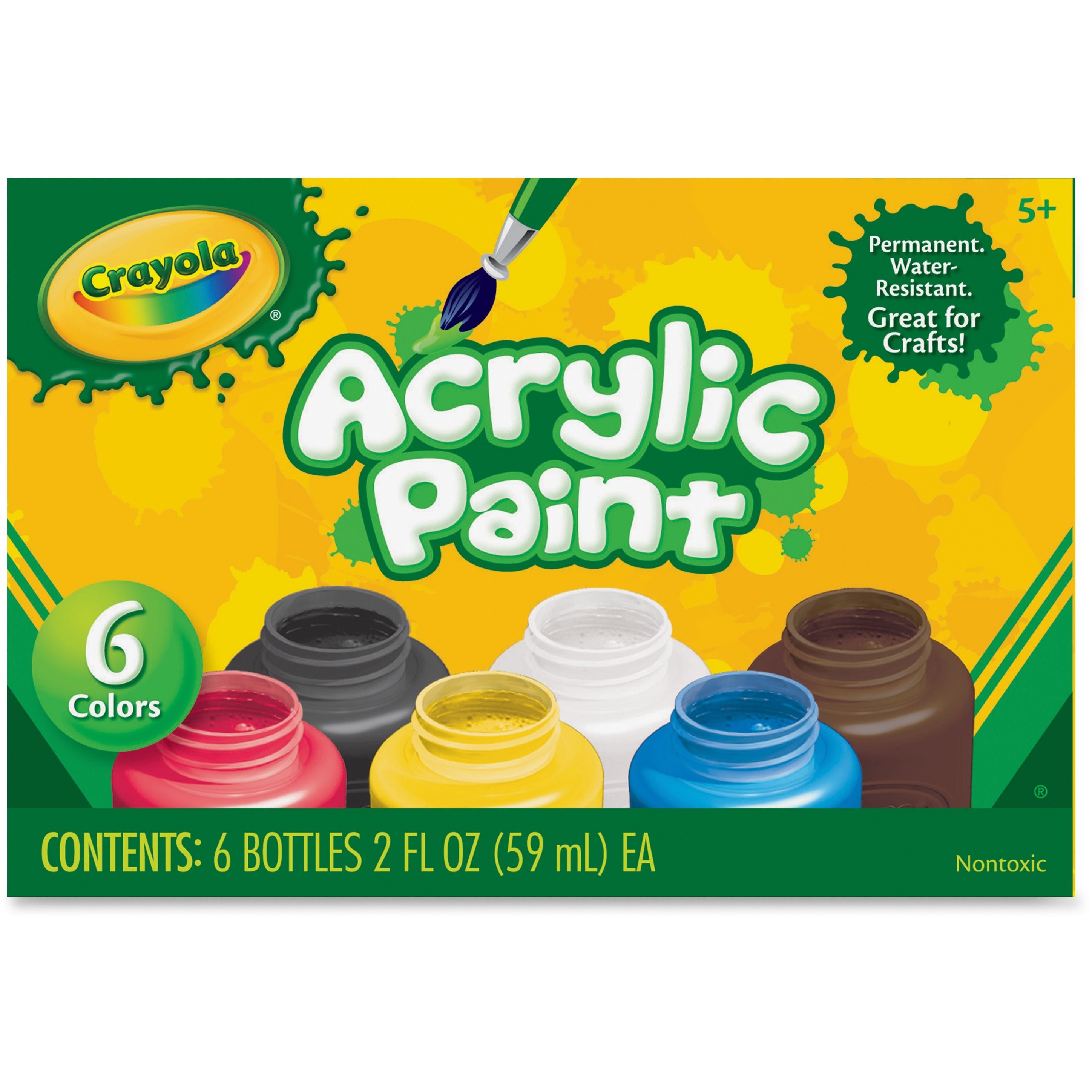 Crayola 6-color Acrylic Paint Set - 2 oz - 6 / Set - Deep Red, Brilliant Yellow, Burnt Umber, Ivory Black, Titanium White, Brilliant Blue -