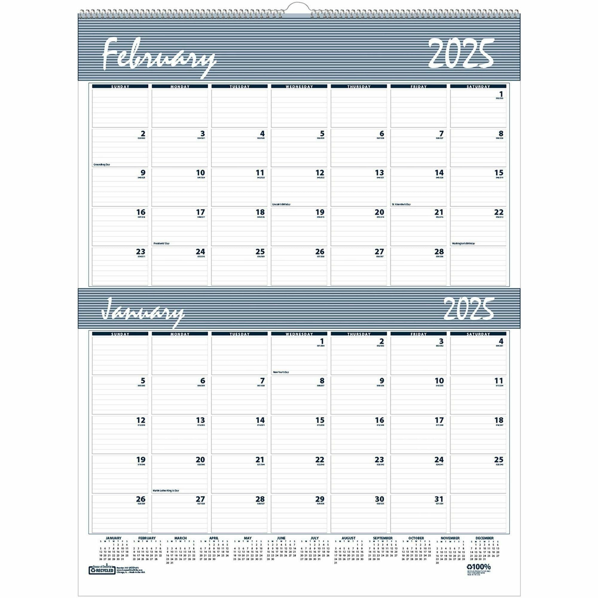 House of Doolittle Bar Harbor Blue/Gray 2-Month Wall Calendar - Julian Dates - Monthly - 12 Month - January 2024 - December 2024 - 2 Month Single Page Layout - 20" x 26" Sheet Size - 2.50" x 1.75" Block - Wire Bound - Perforated, Reference Calendar -