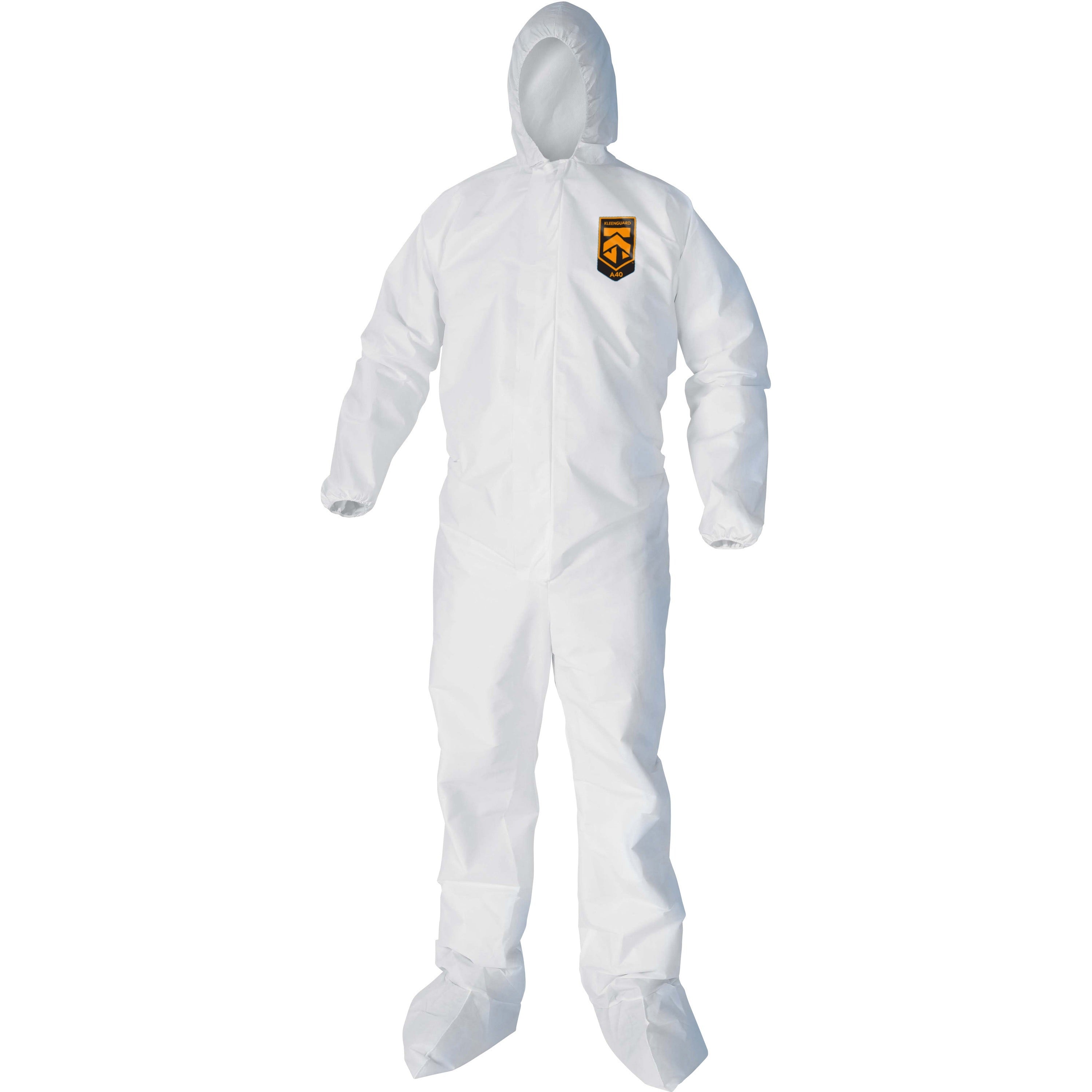 Kleenguard A40 Coveralls - Zipper Front, Elastic Wrists, Ankles, Hood & Boots - Medium Size - Liquid, Flying Particle Protection - White - Hood, Zipper Front, Elastic Wrist, Elastic Ankle, Breathable, Low Linting - 25 / Carton -