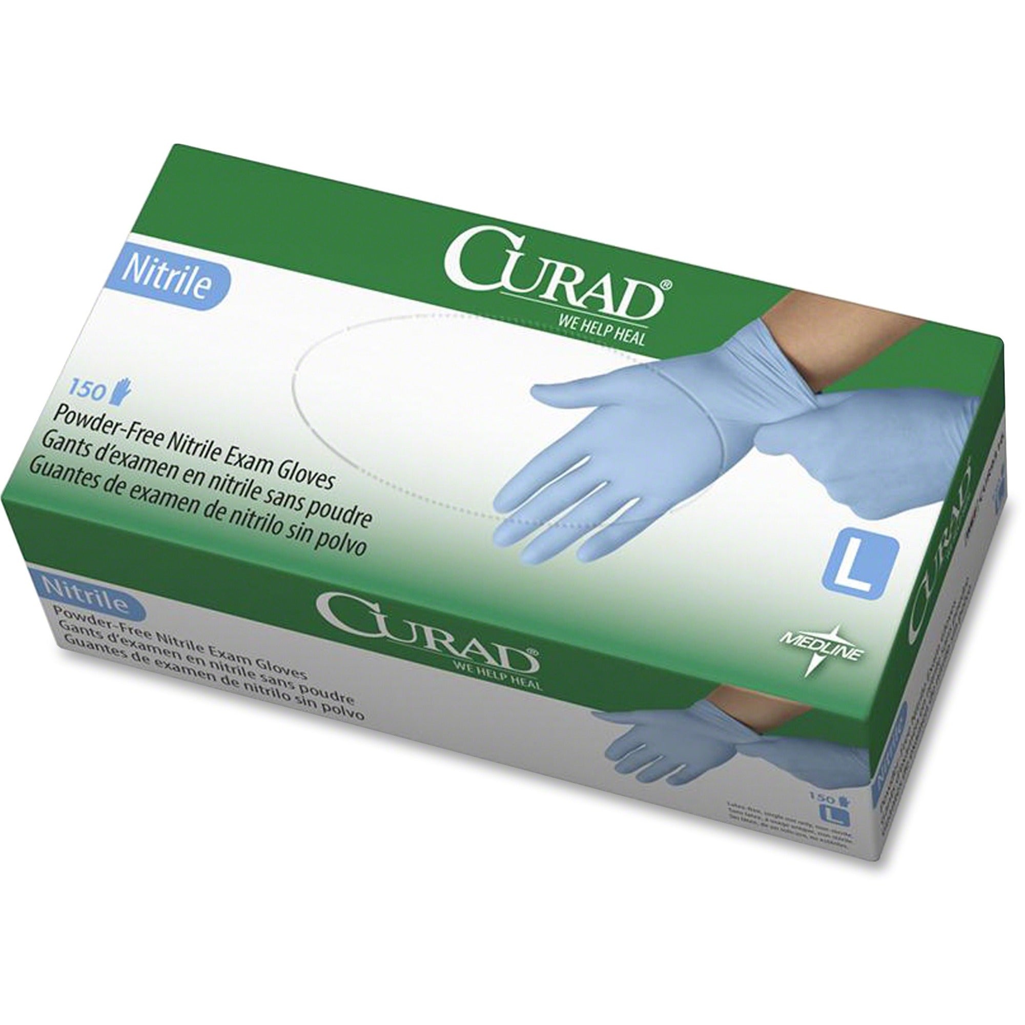 Curad Powder-free Nitrile Disposable Exam Gloves - Large Size - Full-Textured Design - Blue - Latex-free, Non-sterile, Chemical Resistant - For Medical - 150 / Box - 9.50" Glove Length -