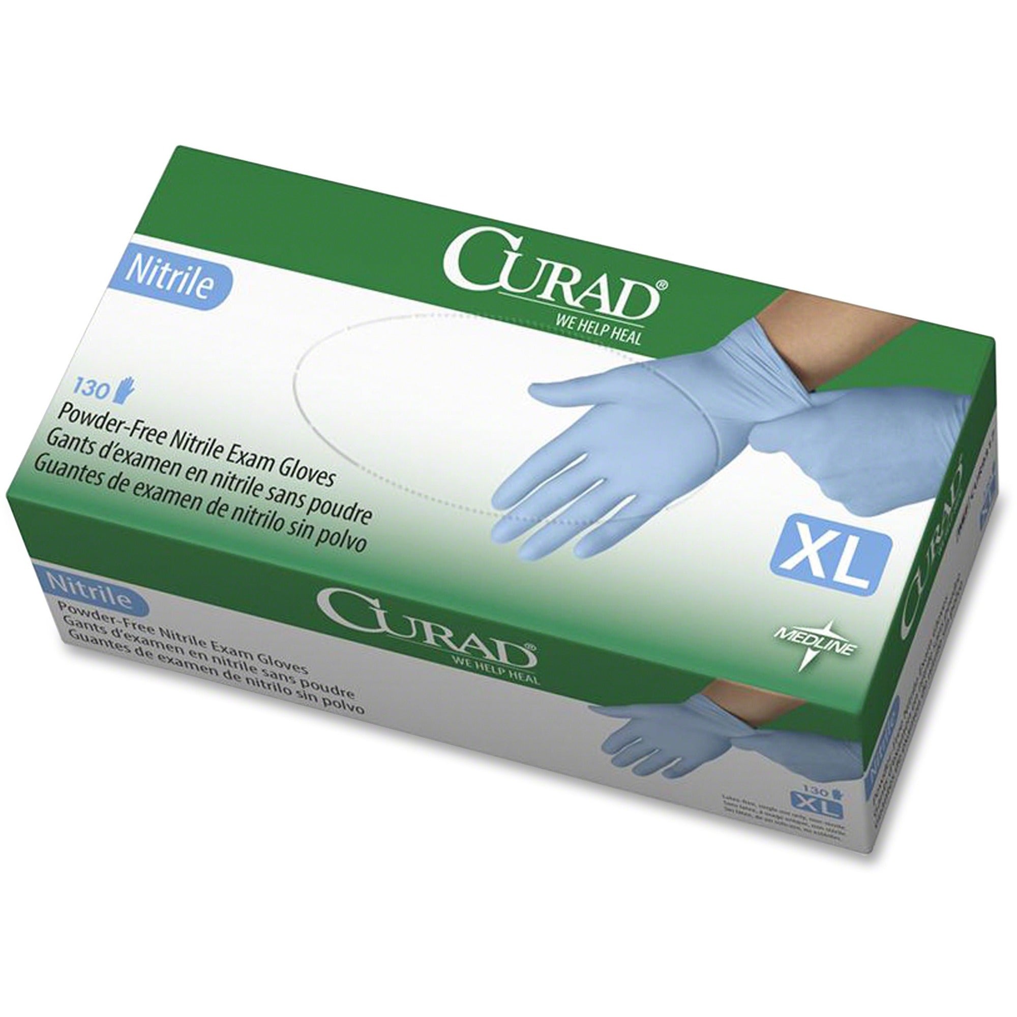 Curad Powder-free Nitrile Disposable Exam Gloves - X-Large Size - Full-Textured Design - Blue - Latex-free, Non-sterile, Chemical Resistant - For Medical - 130 / Box - 9.50" Glove Length -