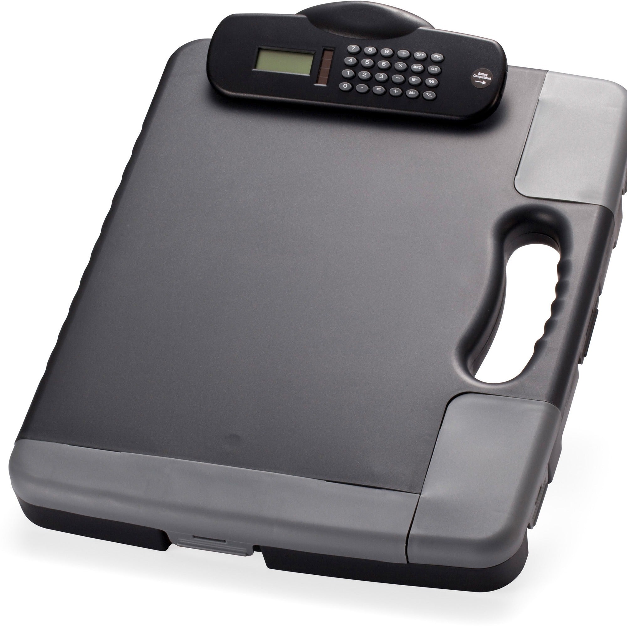 Officemate Portable Storage Clipboard with Calculator - Heavy Duty - Plastic - Charcoal Black - 1 Each -
