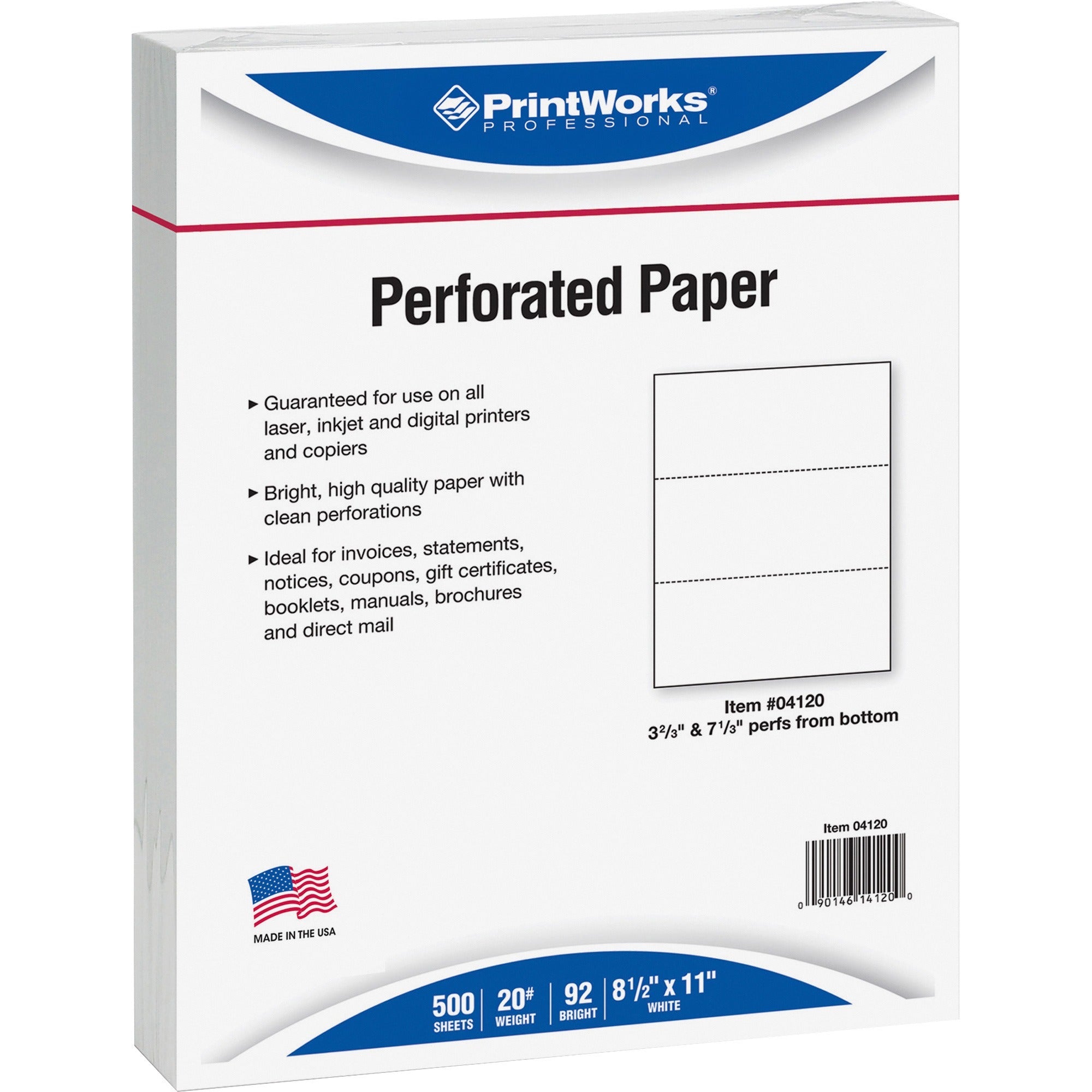 PrintWorks Professional Pre-Perforated Paper for Invoices, Statements, Gift Certificates & More - Letter - 8 1/2" x 11" - 20 lb Basis Weight - 500 / Ream - Sustainable Forestry Initiative (SFI) - Perforated - White -