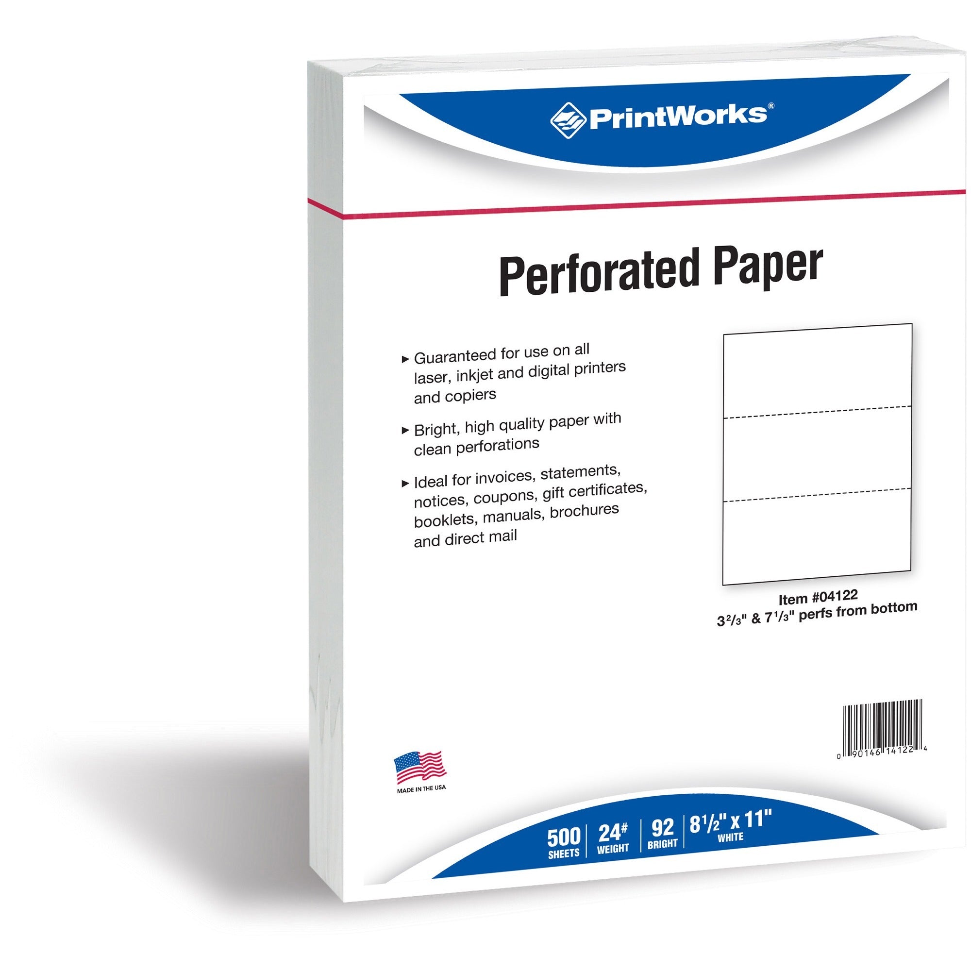 PrintWorks Professional Pre-Perforated Paper for Invoices, Statements, Gift Certificates & More - Letter - 8 1/2" x 11" - 24 lb Basis Weight - 500 / Ream - Perforated - White -