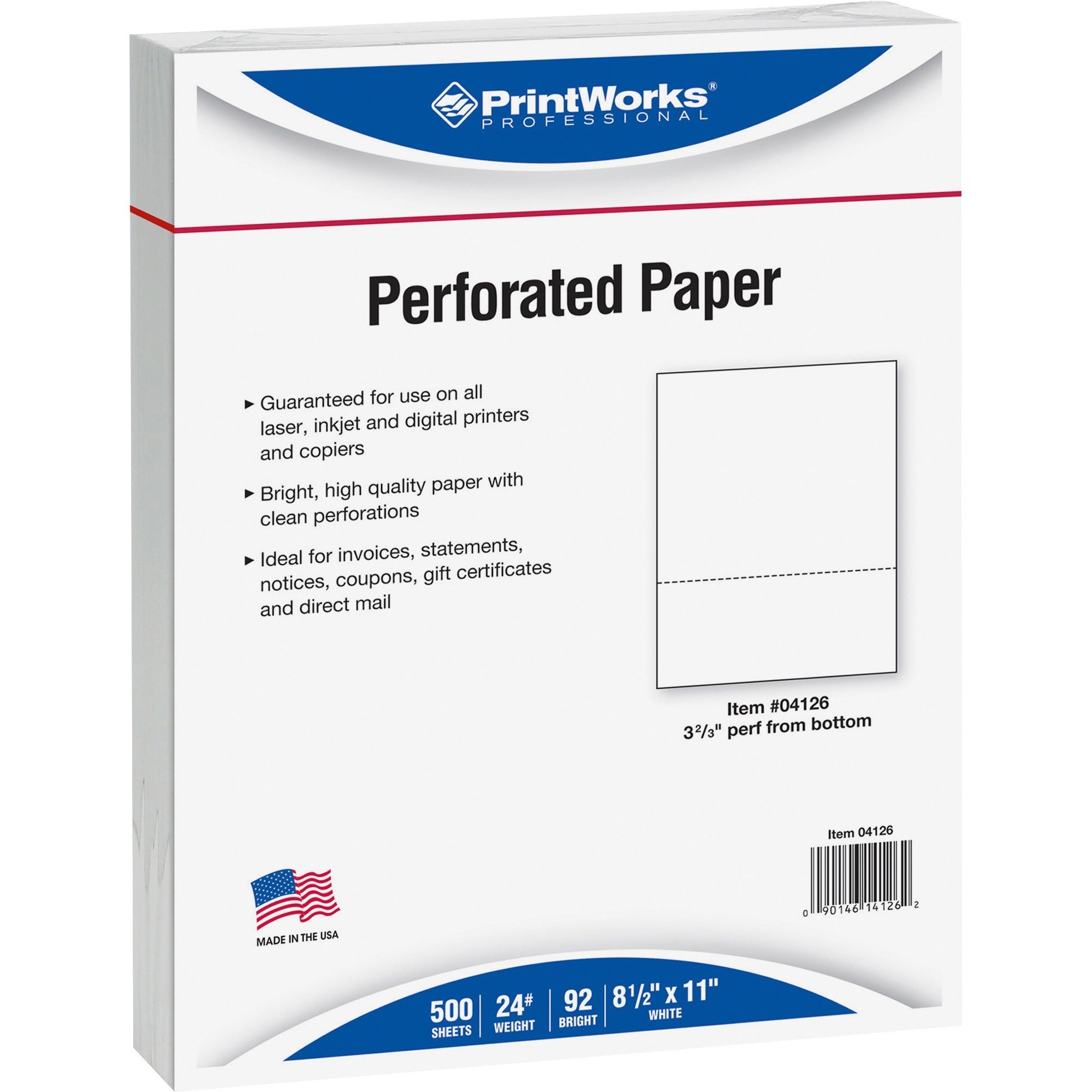 PrintWorks Professional Pre-Perforated Paper for Invoices, Statements, Gift Certificates & More - Letter - 8 1/2" x 11" - 24 lb Basis Weight - 500 / Ream - Perforated - White -