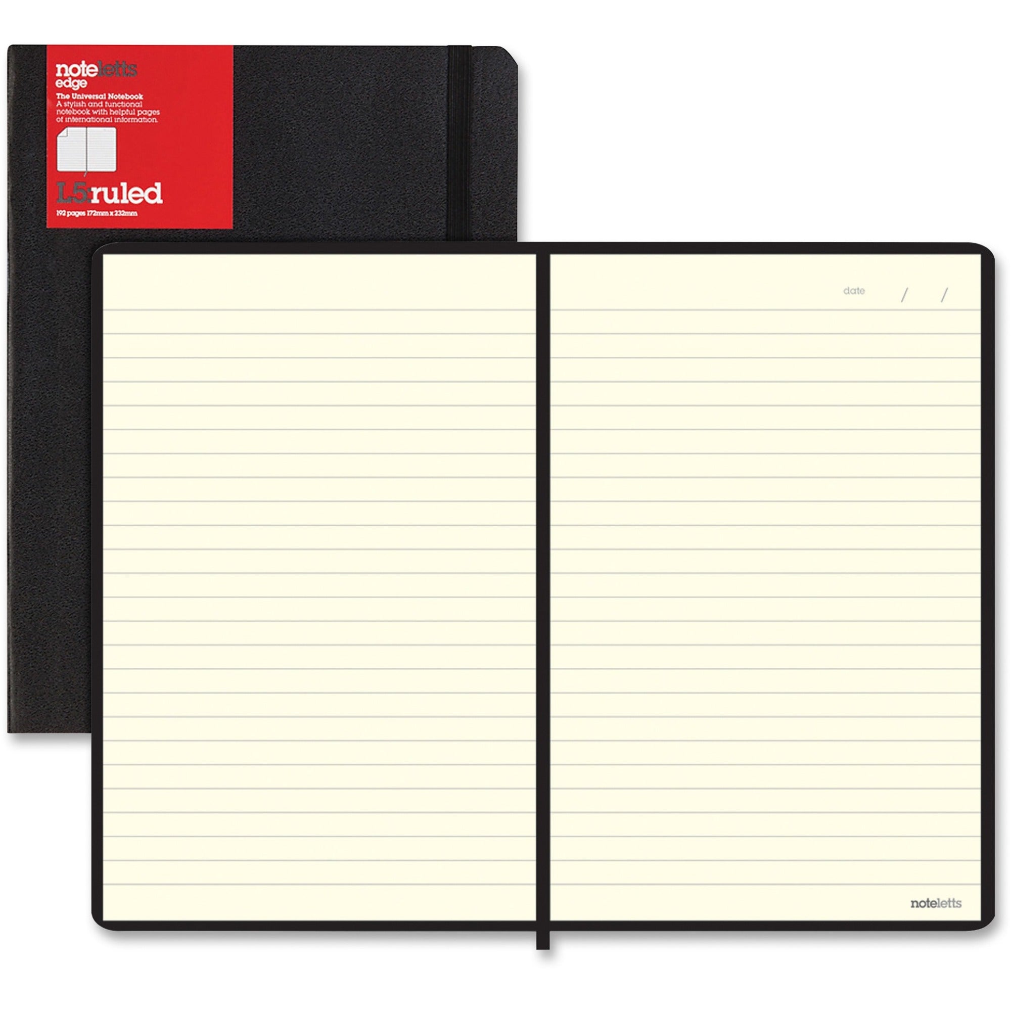 Letts of London L5 Ruled Notebook - Sewn9" x 6" - Black Cover - Elastic Closure, Flexible Cover, Pocket - 1 Each -