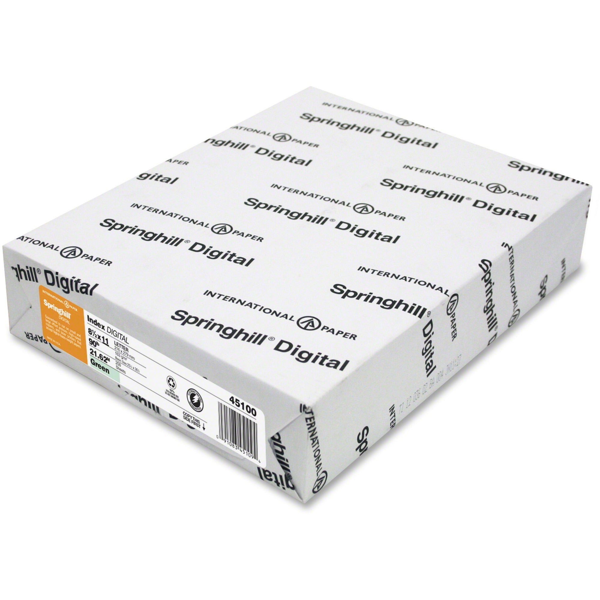 Springhill Multipurpose Cardstock - Green - 92 Brightness - Letter - 8 1/2" x 11" - 90 lb Basis Weight - Smooth, Hard - 250 / Pack - Acid-free - Green -