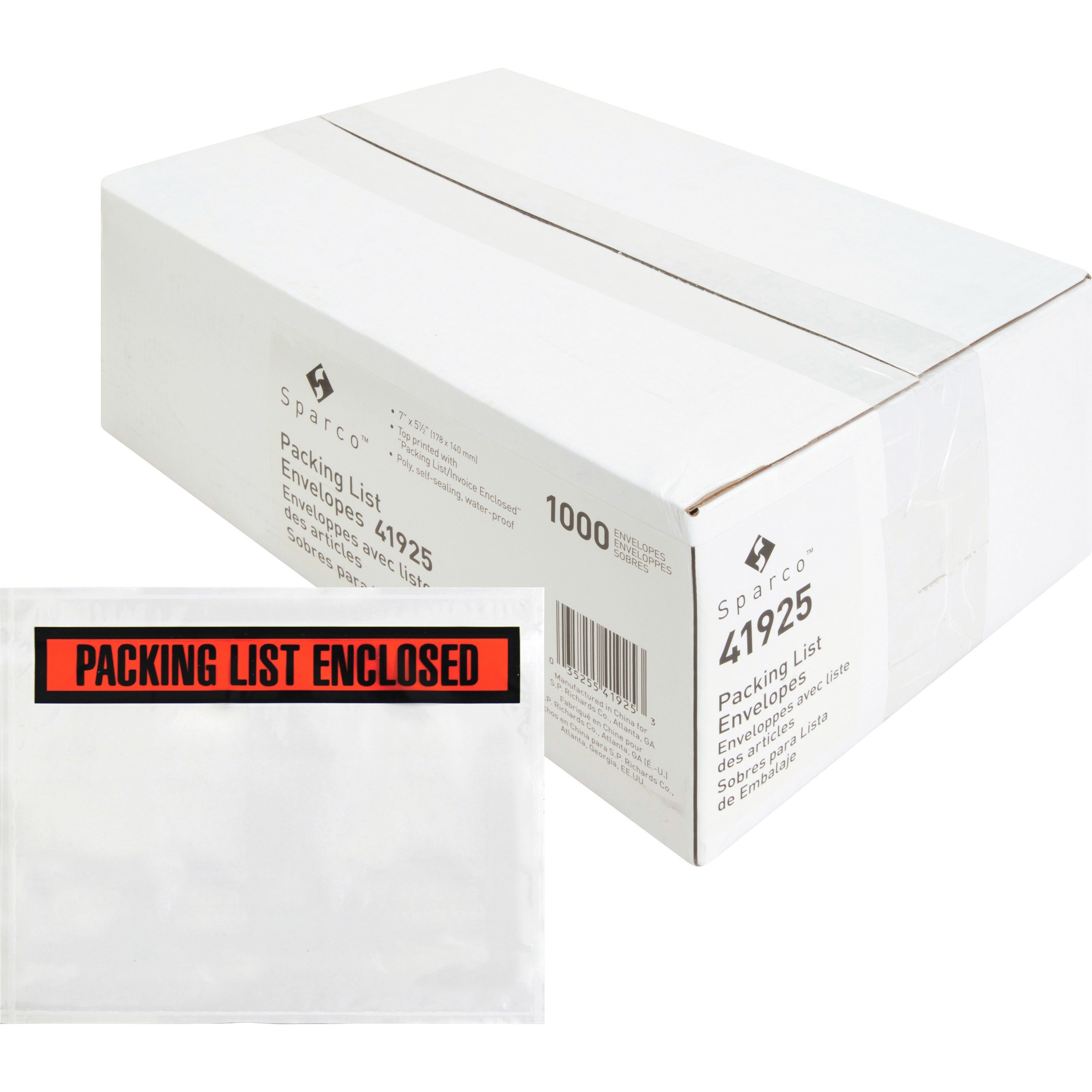 Sparco Pre-labeled Packing Slip Envelope - Packing List - 7" Width x 5 1/2" Length - 70 g/m2 - Self-adhesive Seal - Paper, Low Density Polyethylene (LDPE) - 1000 / Box - White -