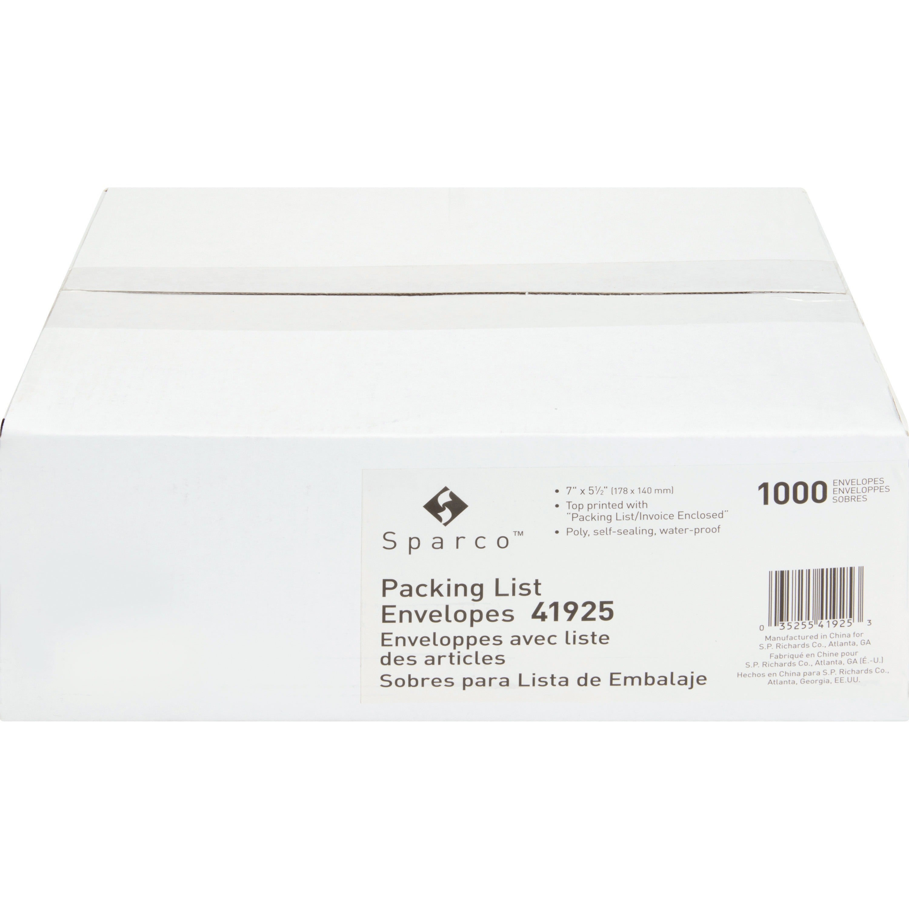Sparco Pre-labeled Packing Slip Envelope - Packing List - 7" Width x 5 1/2" Length - 70 g/m2 - Self-adhesive Seal - Paper, Low Density Polyethylene (LDPE) - 1000 / Box - White -