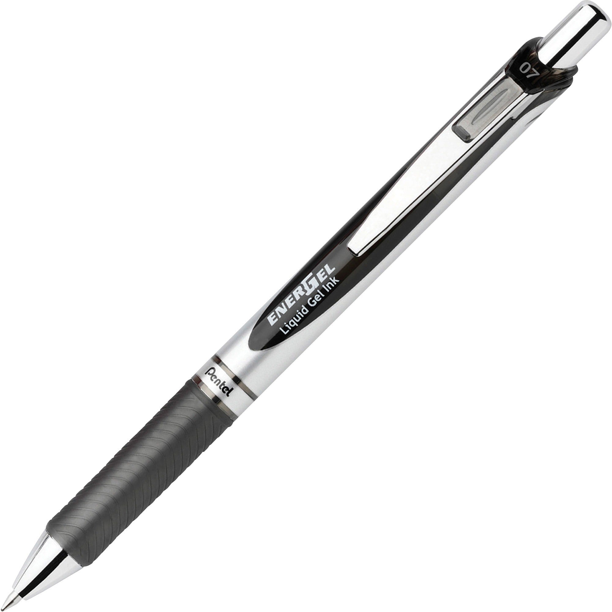 EnerGel EnerGel RTX Liquid Gel Pens - Medium Pen Point - 0.7 mm Pen Point Size - Refillable - Retractable - Black Gel-based Ink - Silver Barrel - Metal Tip - 1 Dozen -
