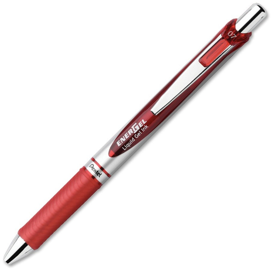 EnerGel EnerGel RTX Liquid Gel Pens - Medium Pen Point - 0.7 mm Pen Point Size - Refillable - Retractable - Red Gel-based Ink - Silver Barrel - Metal Tip - 1 Dozen -