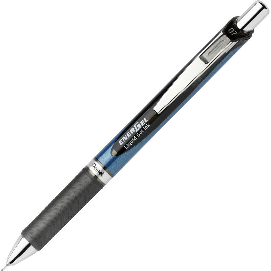 EnerGel EnerGel RTX Liquid Gel Pen - Medium Pen Point - 0.7 mm Pen Point Size - Needle Pen Point Style - Refillable - Retractable - Black Gel-based Ink - Black, Stainless Steel, Blue Barrel - Metal Tip - 1 Dozen -