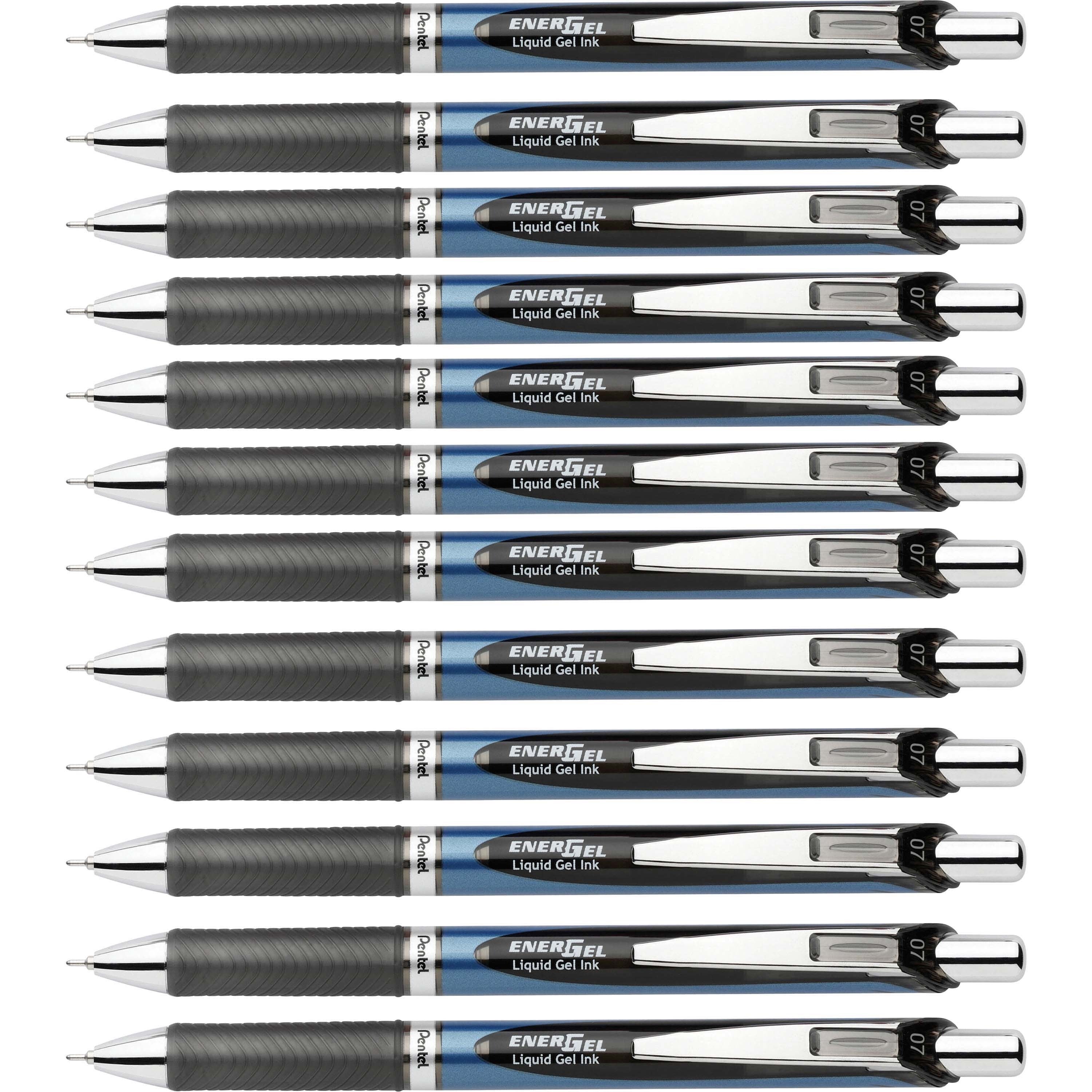 EnerGel EnerGel RTX Liquid Gel Pen - Medium Pen Point - 0.7 mm Pen Point Size - Needle Pen Point Style - Refillable - Retractable - Black Gel-based Ink - Black, Stainless Steel, Blue Barrel - Metal Tip - 1 Dozen -