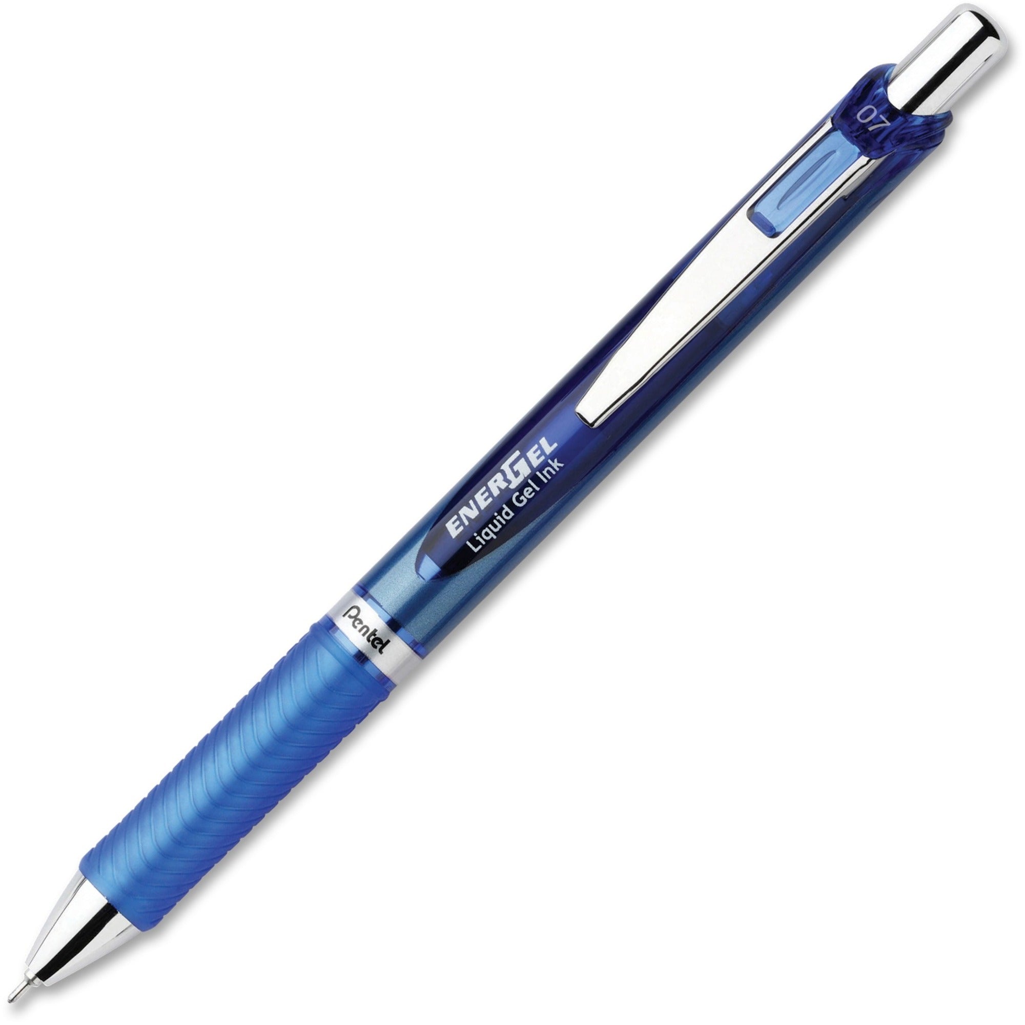 EnerGel EnerGel RTX Liquid Gel Pens - Medium Pen Point - 0.7 mm Pen Point Size - Needle Pen Point Style - Refillable - Retractable - Blue Gel-based Ink - Blue, Silver Barrel - Stainless Steel Tip - 1 Dozen -