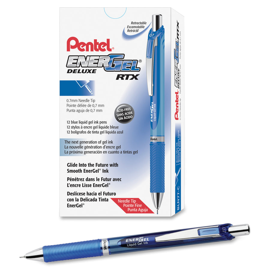 EnerGel EnerGel RTX Liquid Gel Pens - Medium Pen Point - 0.7 mm Pen Point Size - Needle Pen Point Style - Refillable - Retractable - Blue Gel-based Ink - Blue, Silver Barrel - Stainless Steel Tip - 1 Dozen -