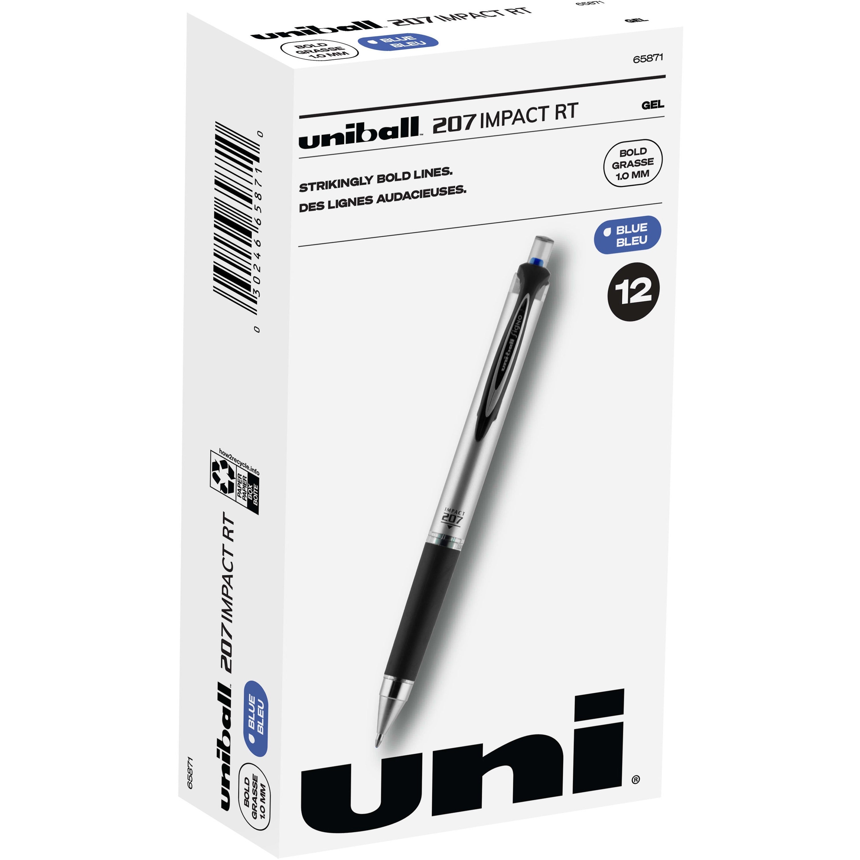 uniball-207-impact-rt-gel-pens-bold-pen-point-1-mm-pen-point-size-refillable-retractable-blue-gel-based-ink-metallic-barrel-1-dozen_ubc65871dz - 1