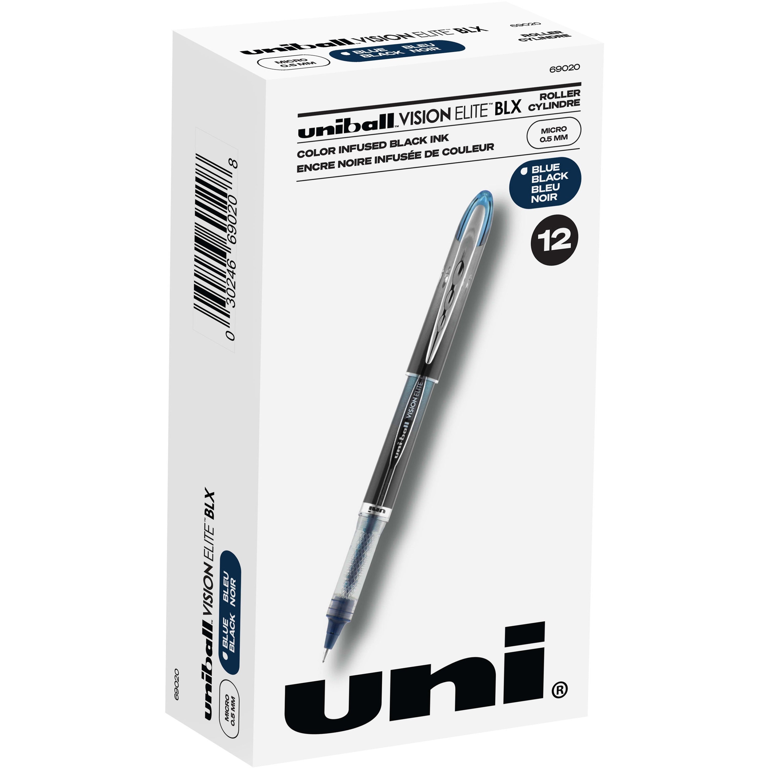 uniball-vision-elite-blx-rollerball-pen-micro-pen-point-05-mm-pen-point-size-black-blue-pigment-based-ink-1-dozen_ubc69020dz - 1