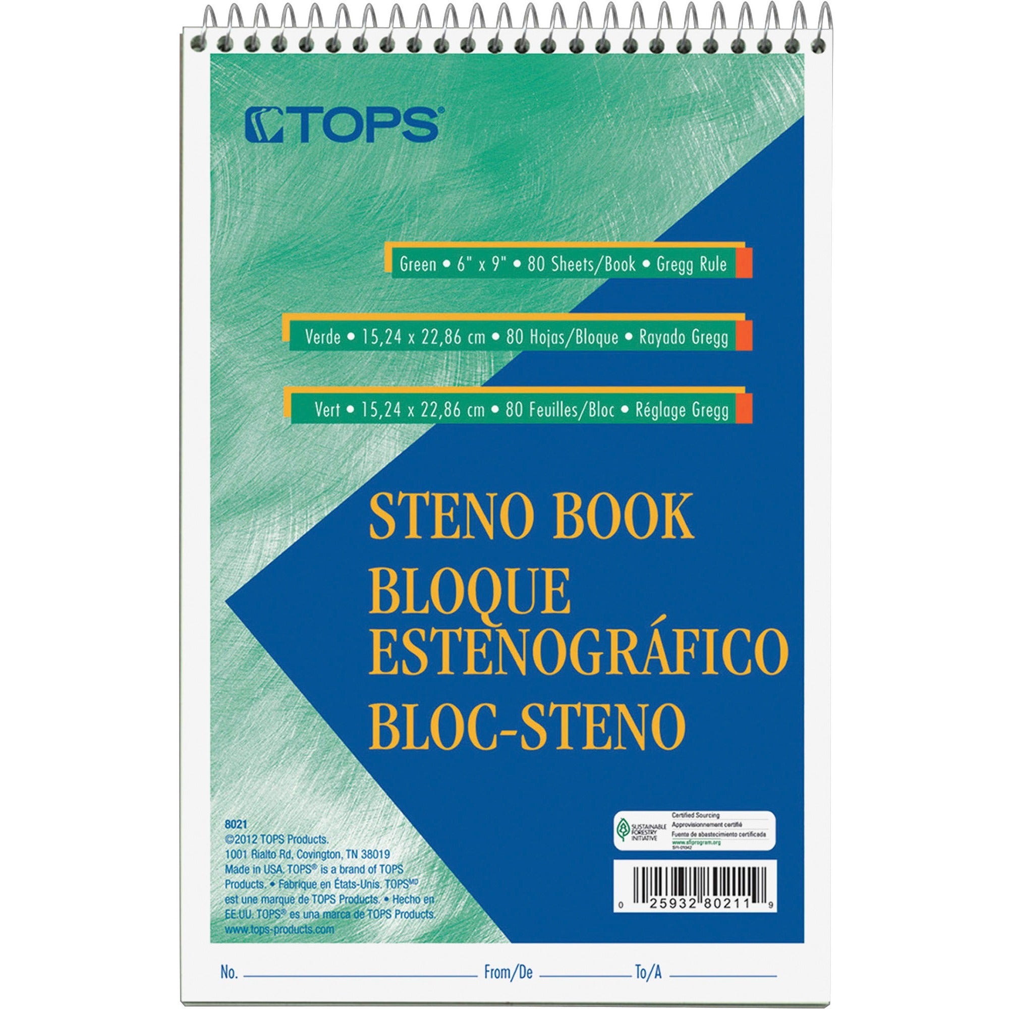 TOPS Steno Books - 80 Sheets - Wire Bound - Gregg Ruled Margin - 6" x 9" - Green Tint Paper - Snag Resistant, Acid-free, Heavyweight - 1 Dozen -