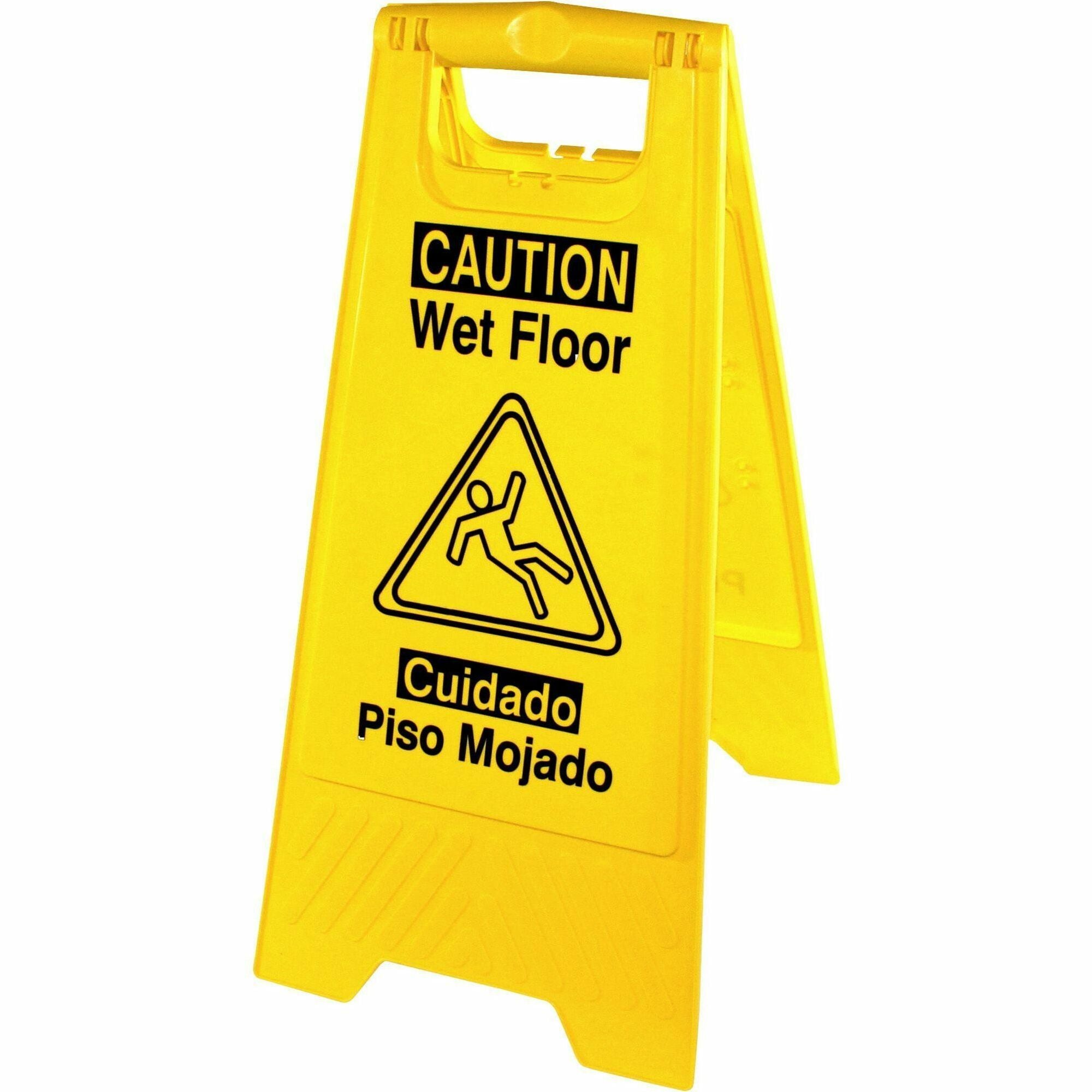 Genuine Joe Universal Graphic Wet Floor Sign - 1 Each - English, Spanish - Wet Floor Print/Message - Foldable - Yellow -