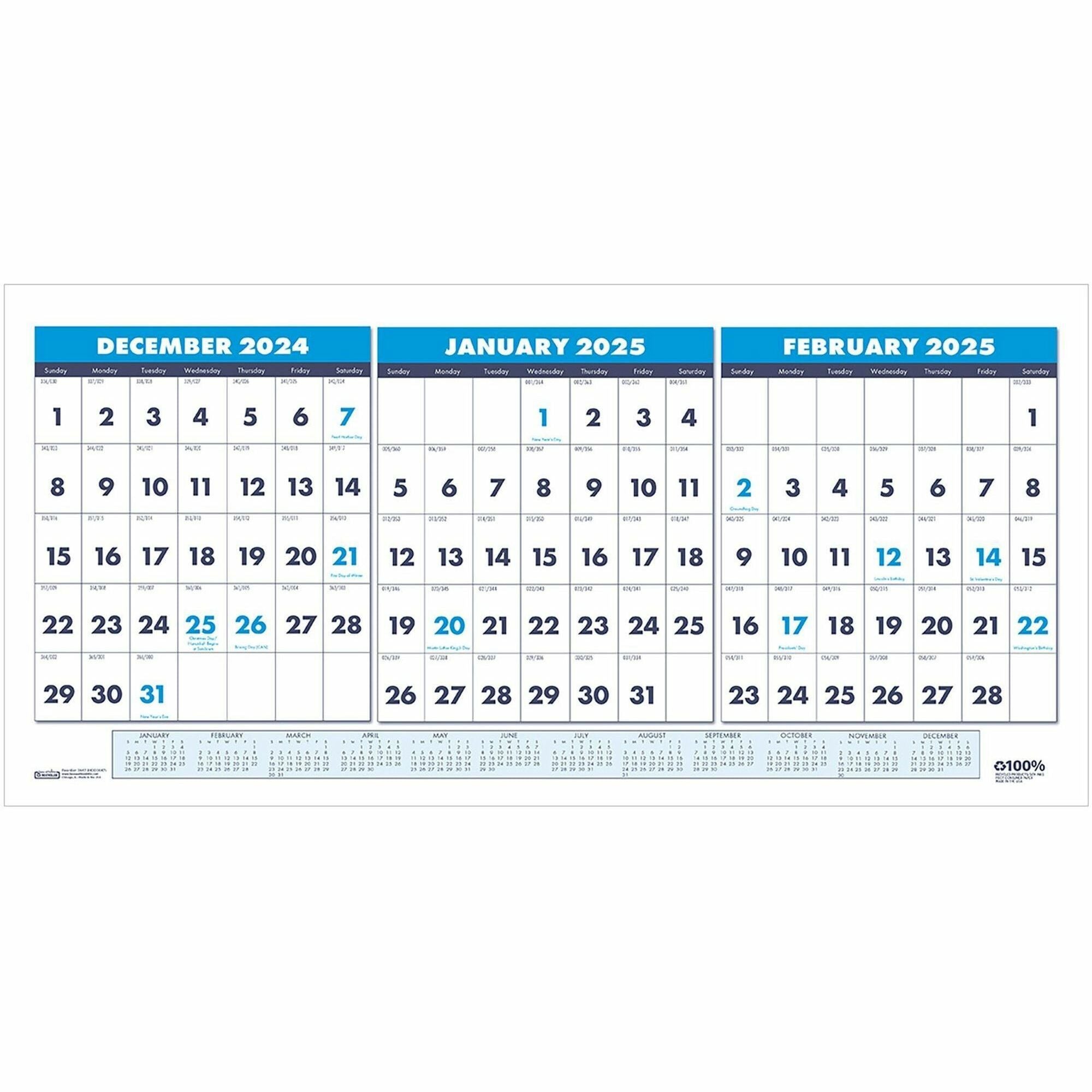 House of Doolittle 3-month Horizontal Wall Calendar - Julian Dates - Monthly - 14 Month - December 2023 - January 2025 - 1.13" x 1" Block - Wire Bound - Blue - 8" Height x 17" Width - Reference Calendar, Eyelet - 1 Each -