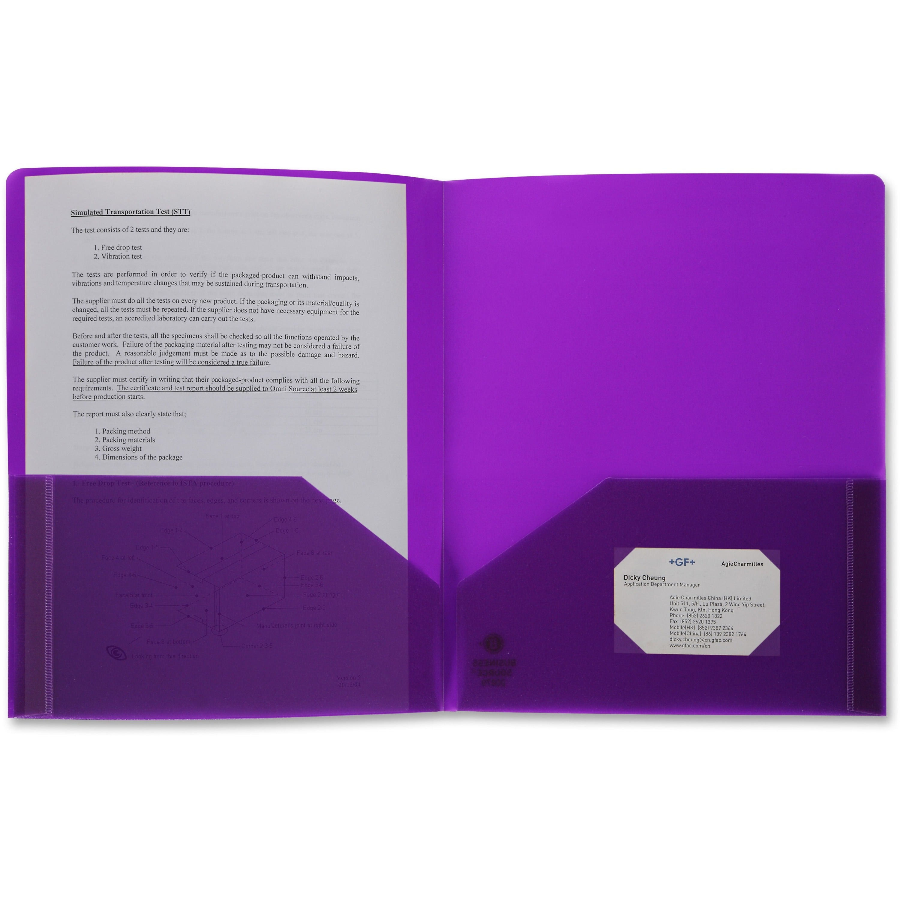 Business Source Letter Portfolio - 8 1/2" x 11" - 30 Sheet Capacity - 2 Pocket(s) - Purple - 1 Each -