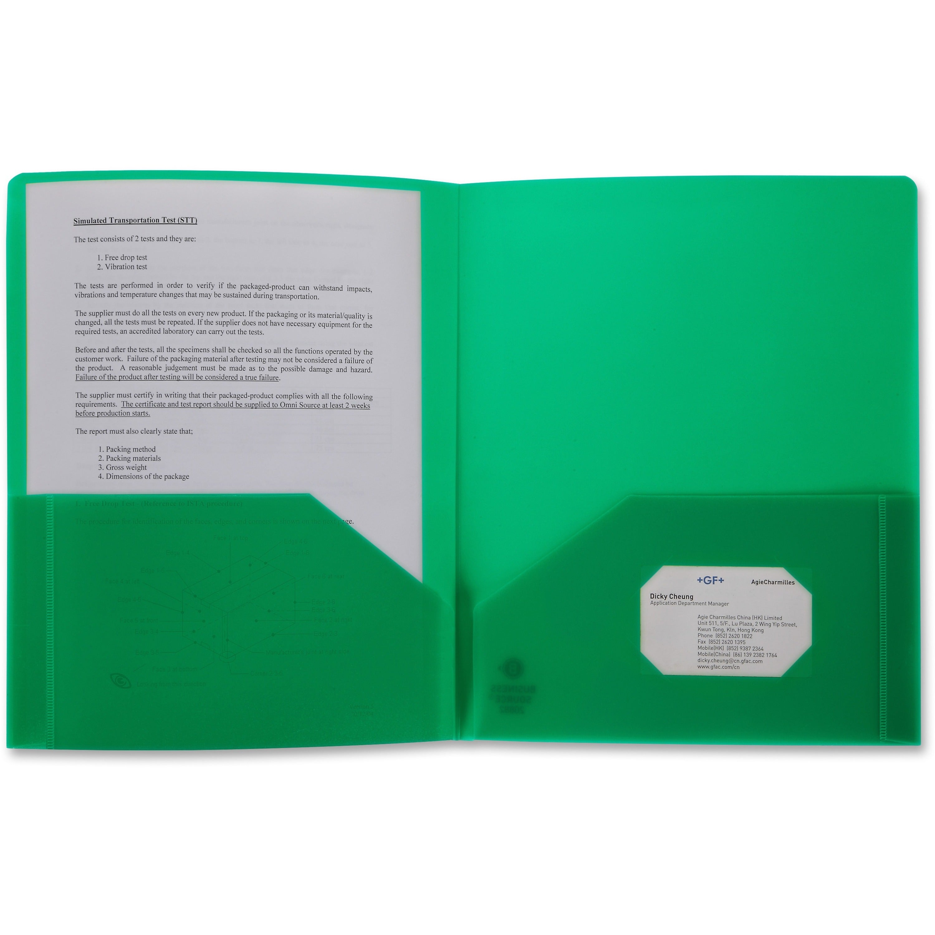 Business Source Letter Portfolio - 8 1/2" x 11" - 30 Sheet Capacity - 2 Pocket(s) - Green - 1 Each -