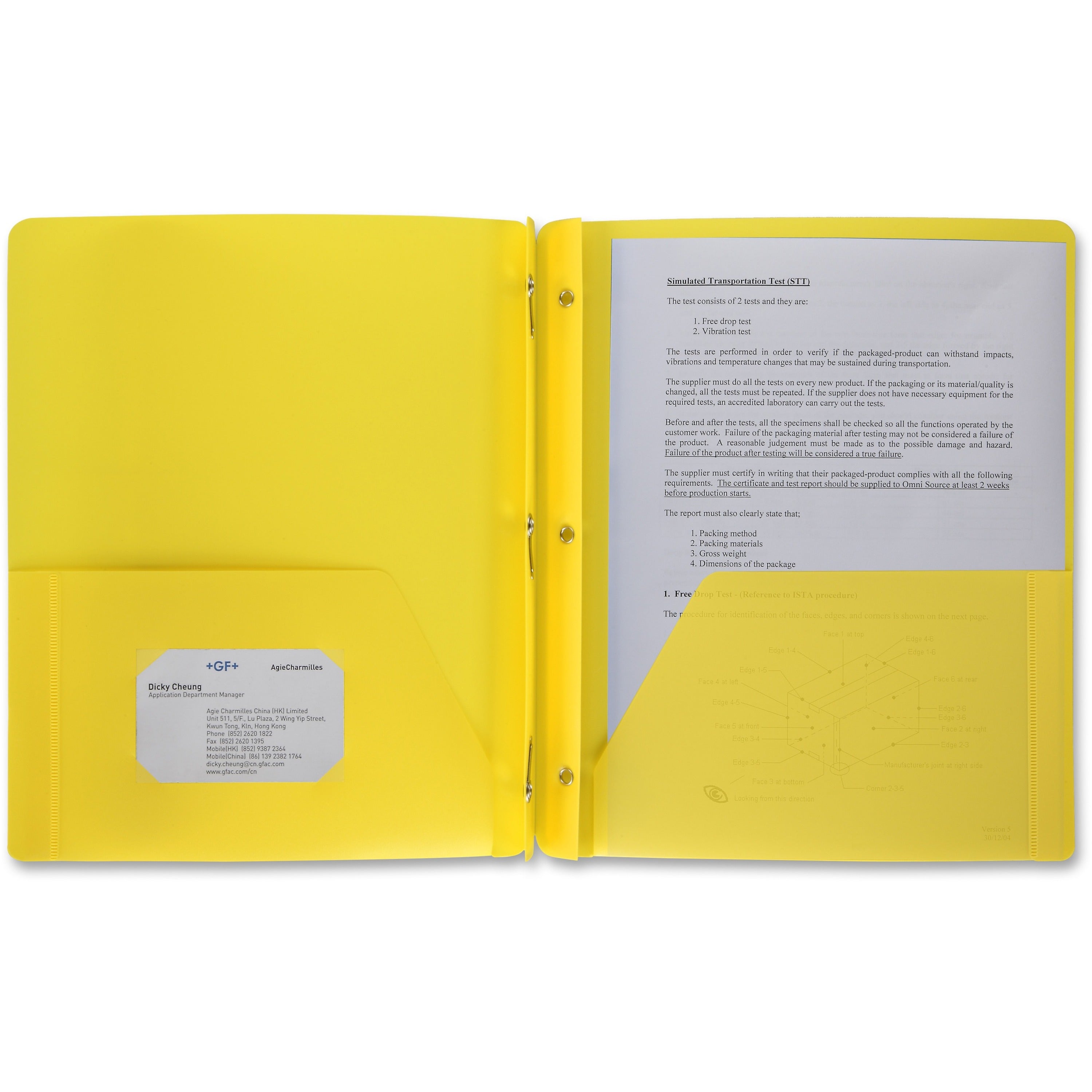 Business Source Letter Portfolio - 8 1/2" x 11" - 50 Sheet Capacity - 3 x Prong Fastener(s) - 2 Pocket(s) - Yellow - 1 Each -