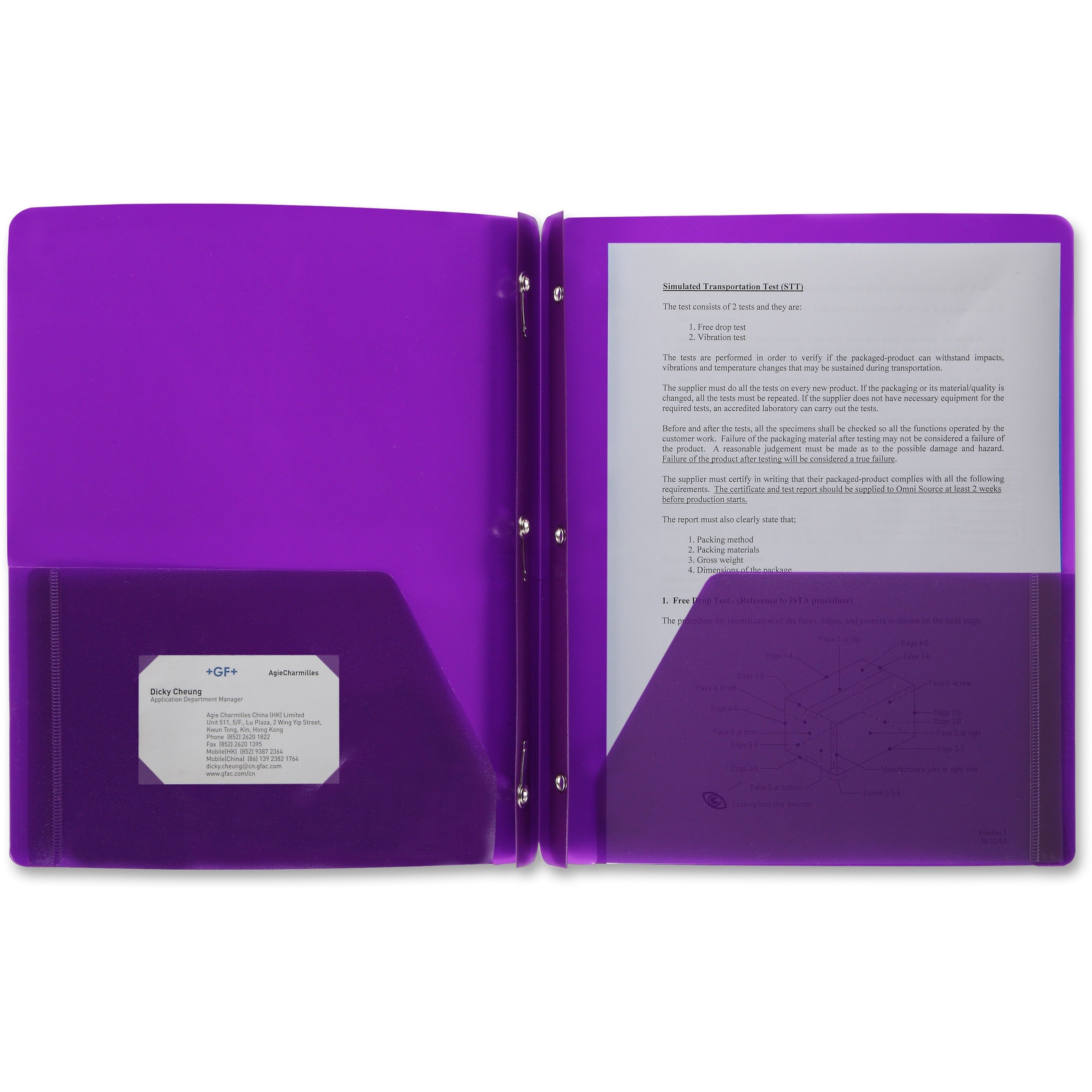 Business Source Letter Portfolio - 8 1/2" x 11" - 50 Sheet Capacity - 3 x Prong Fastener(s) - 2 Pocket(s) - Purple - 1 Each -