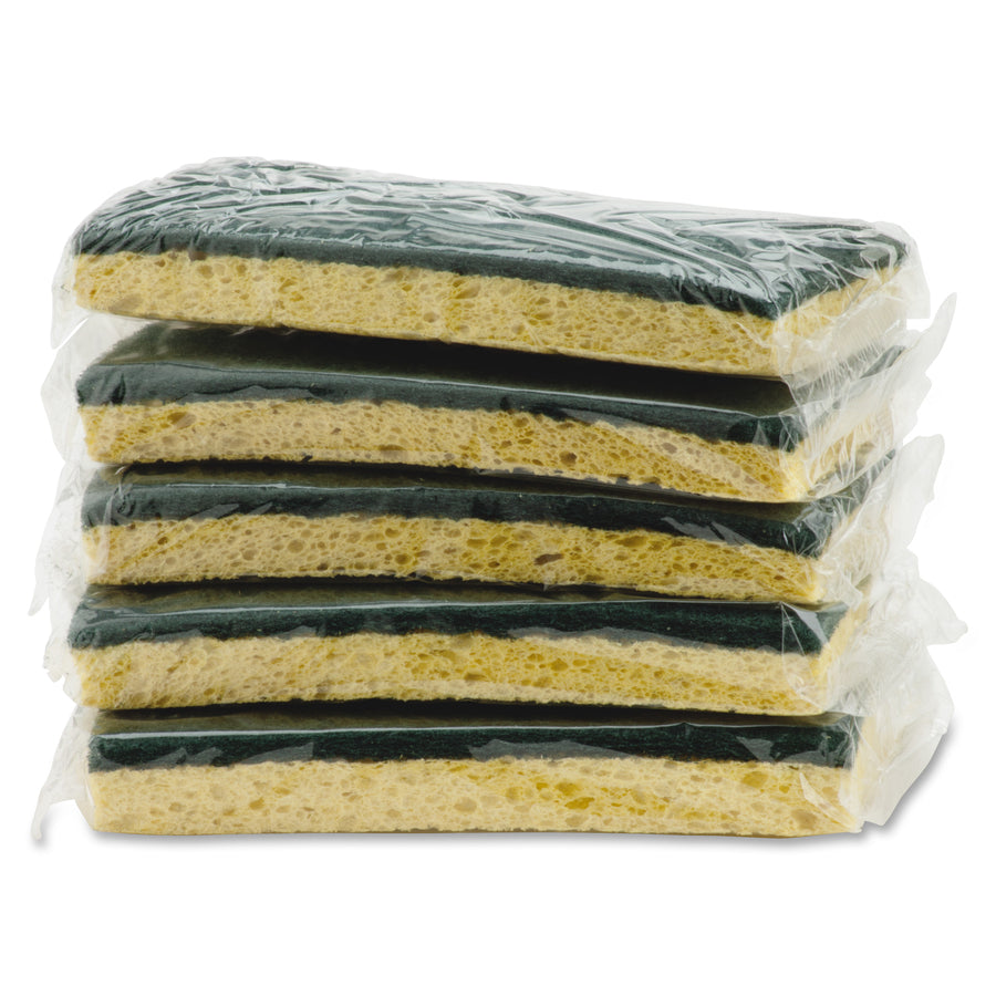 Impact Cellulose Scrubber Sponge - 0.9" Height x 3.2" Width x 6.3" Length - 5/Pack - Cellulose - Yellow, Green -