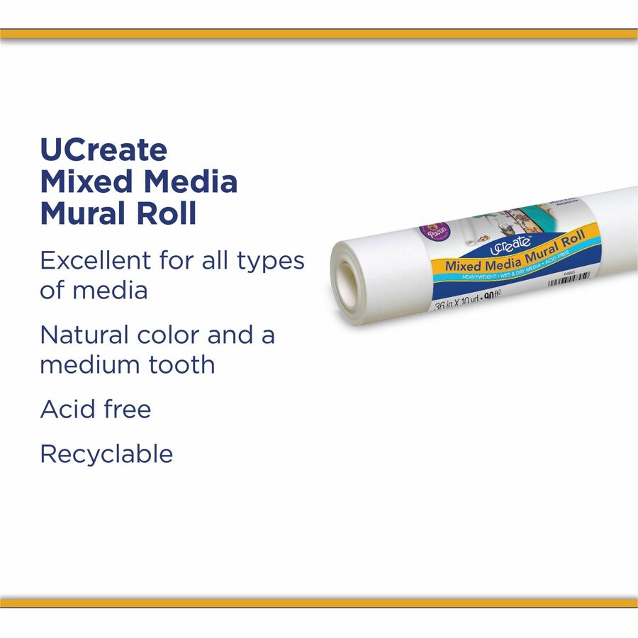 UCreate Mixed Media Paper Roll - Art Project, Drawing, Banner, Mural - 1"Height x 36"Width x 30 ftLength - 1 / Roll - White -