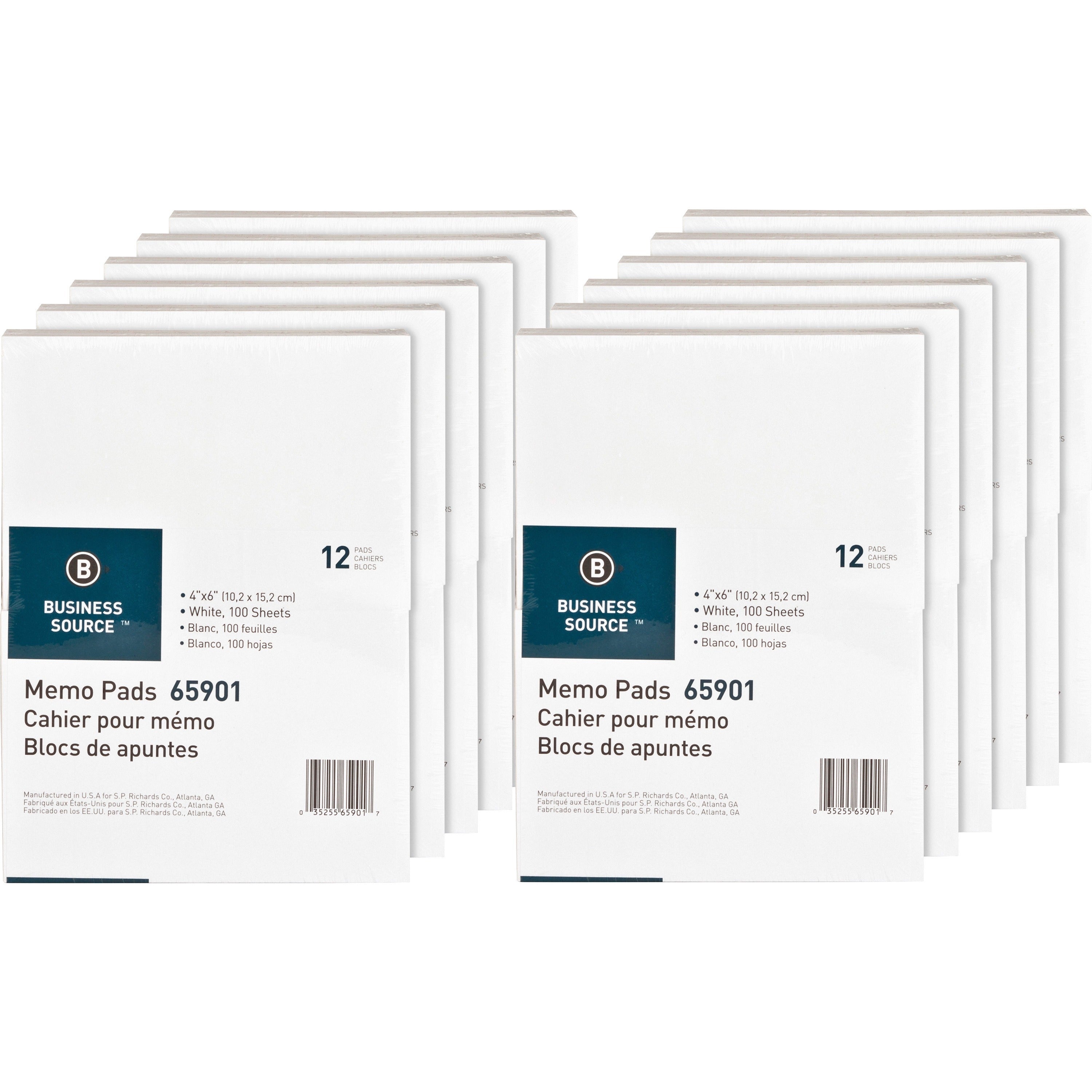 Business Source Plain Memo Pads - 100 Sheets - Plain - Glued - Unruled - 15 lb Basis Weight - 4" x 6" - White Paper - Chipboard Backing - 144 / Carton -