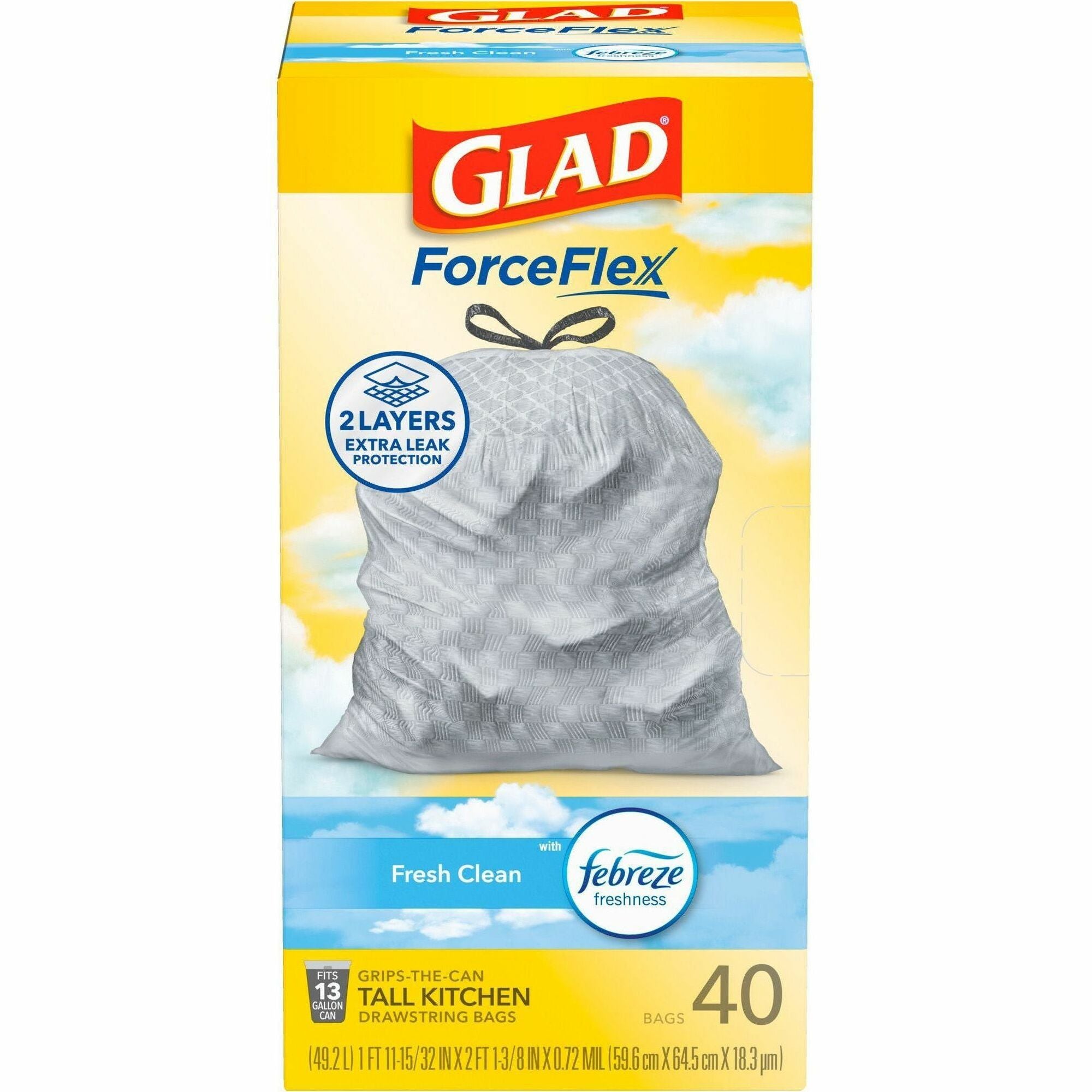 Glad ForceFlex Tall Kitchen Drawstring Trash Bags - Fresh Clean with Febreze Freshness - 13 gal Capacity - 24" Width x 27.38" Length - 1.05 mil (27 Micron) Thickness - Drawstring Closure - White - 6/Carton - 40 Per Box - Kitchen - 1
