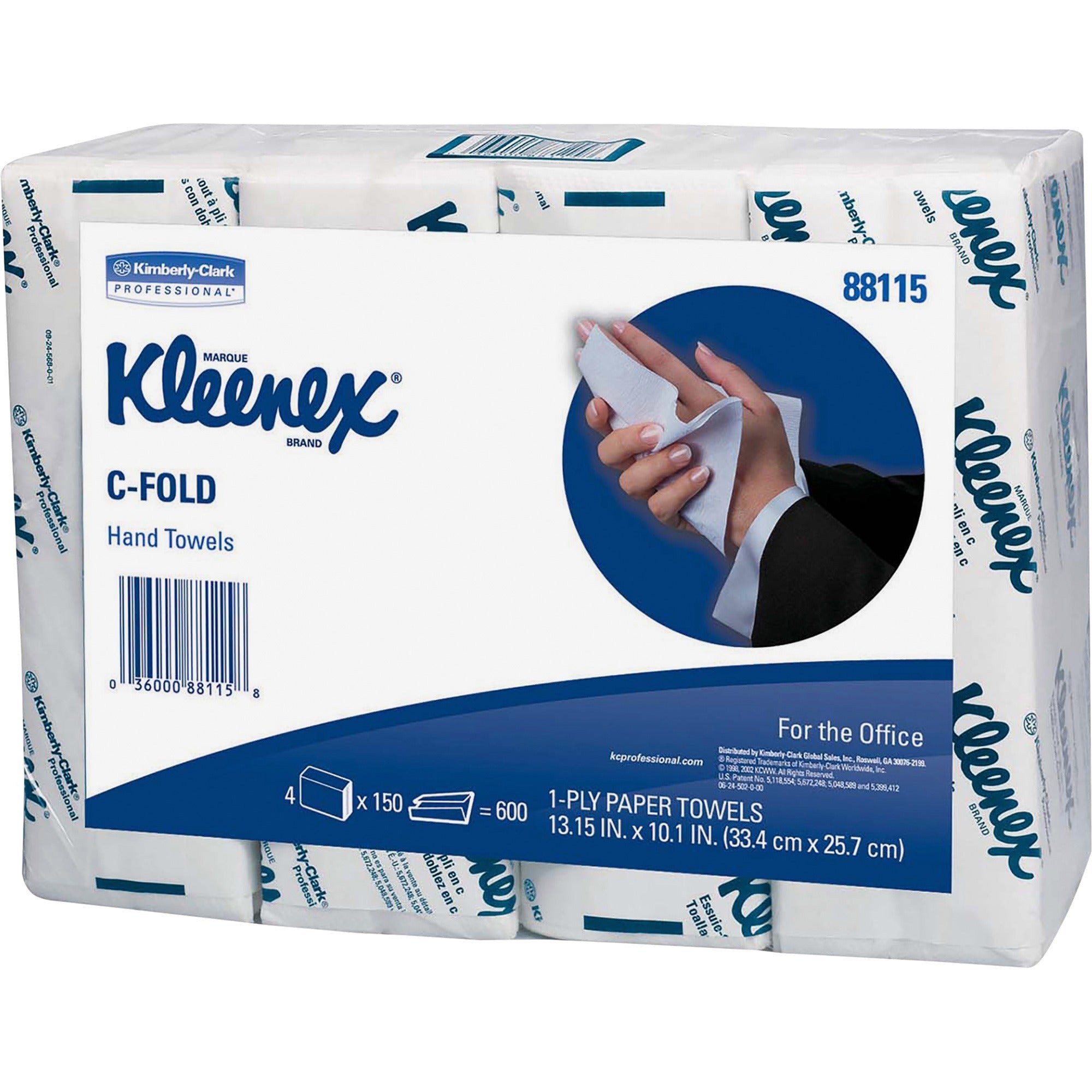 Kleenex C-Fold Hand Towels - 1 Ply - C-fold - 10.10" x 13.25" - White - Soft, Absorbent, Foldable - For Hand - 150 Per Bundle - 16 / Carton -