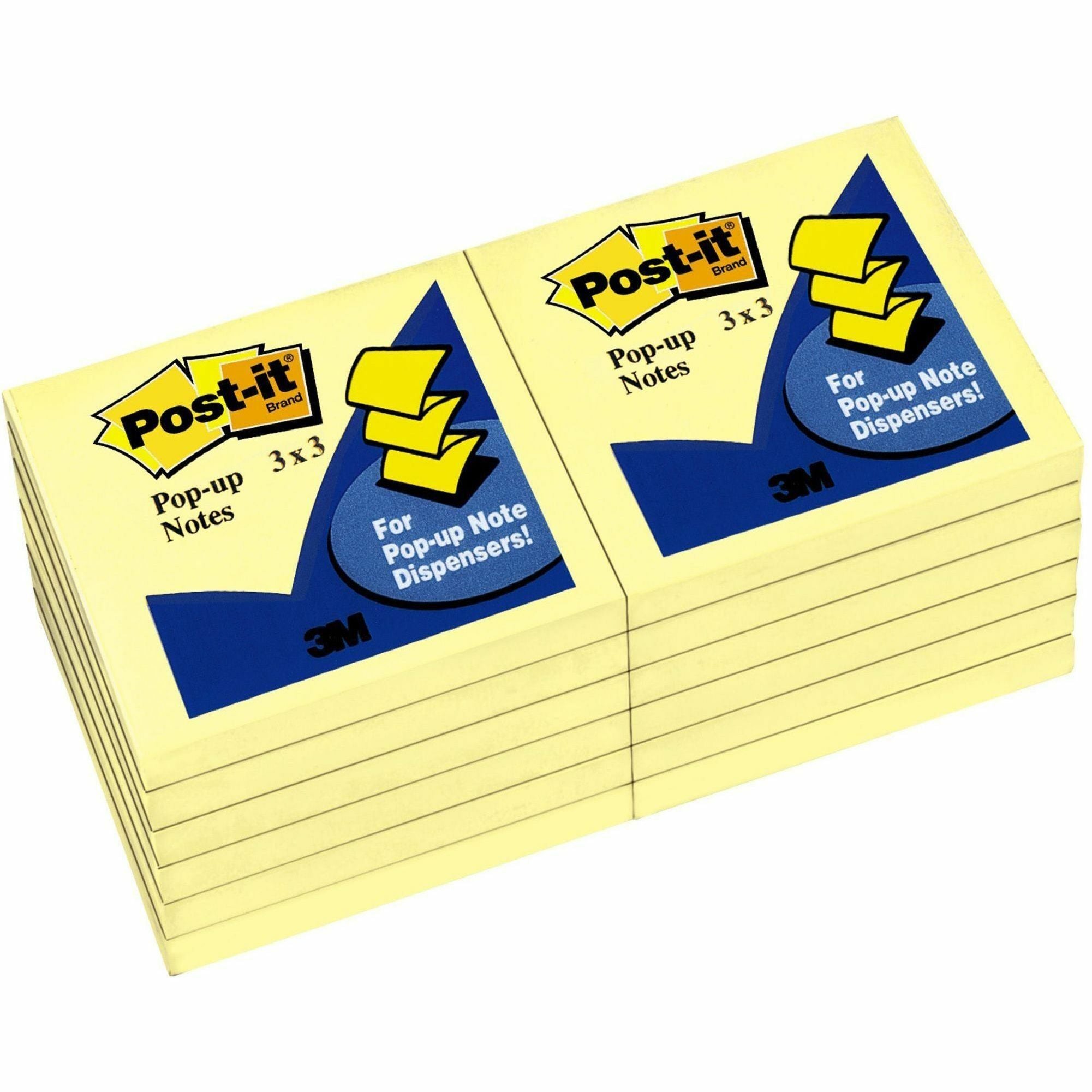 Post-it Pop-up Notes - 3" x 3" - Square - 100 Sheets per Pad - Unruled - Canary Yellow - Paper - Self-adhesive, Repositionable - 12 / Pack -