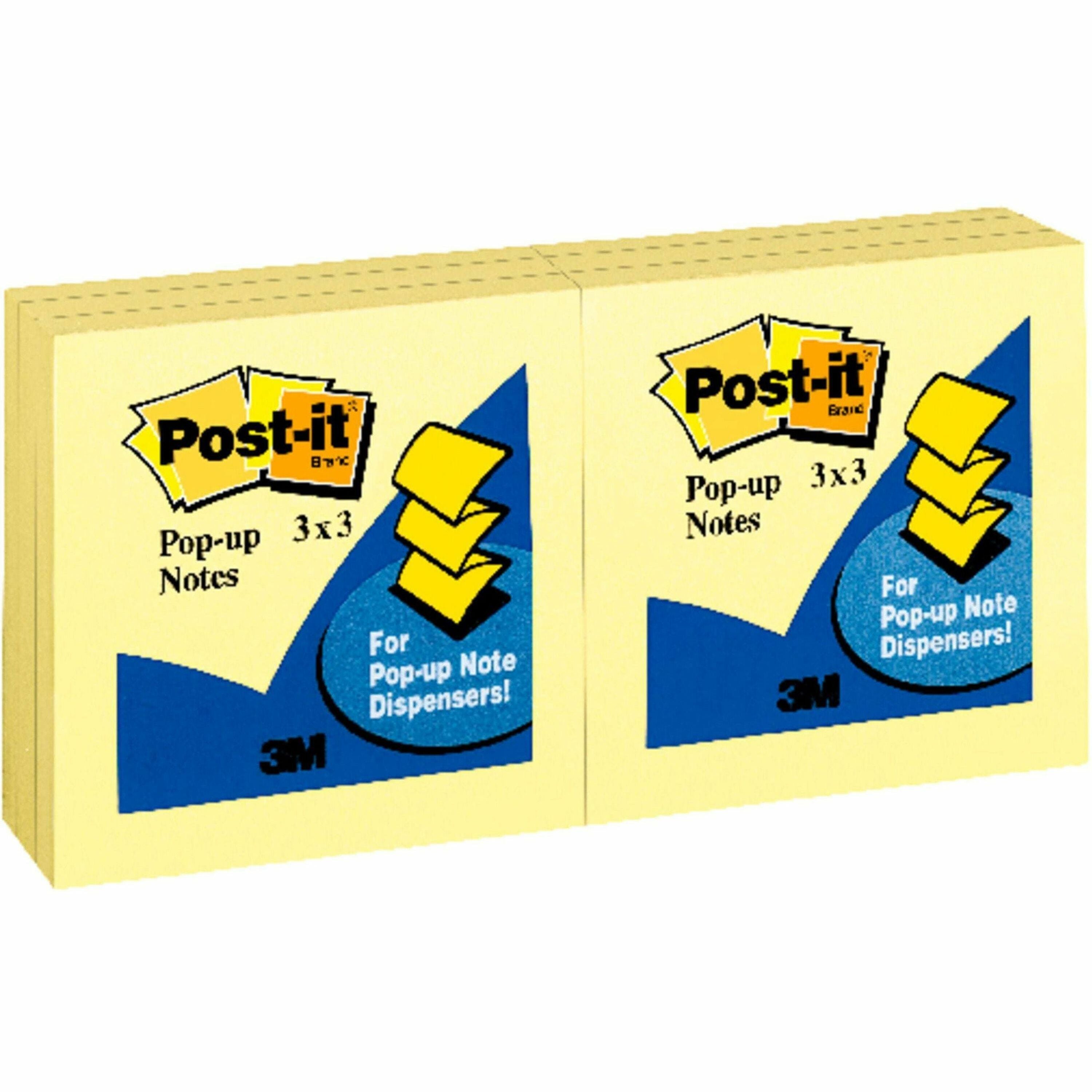 Post-it Pop-up Notes - 3" x 3" - Square - 100 Sheets per Pad - Unruled - Canary Yellow - Paper - Self-adhesive, Repositionable - 12 / Pack -