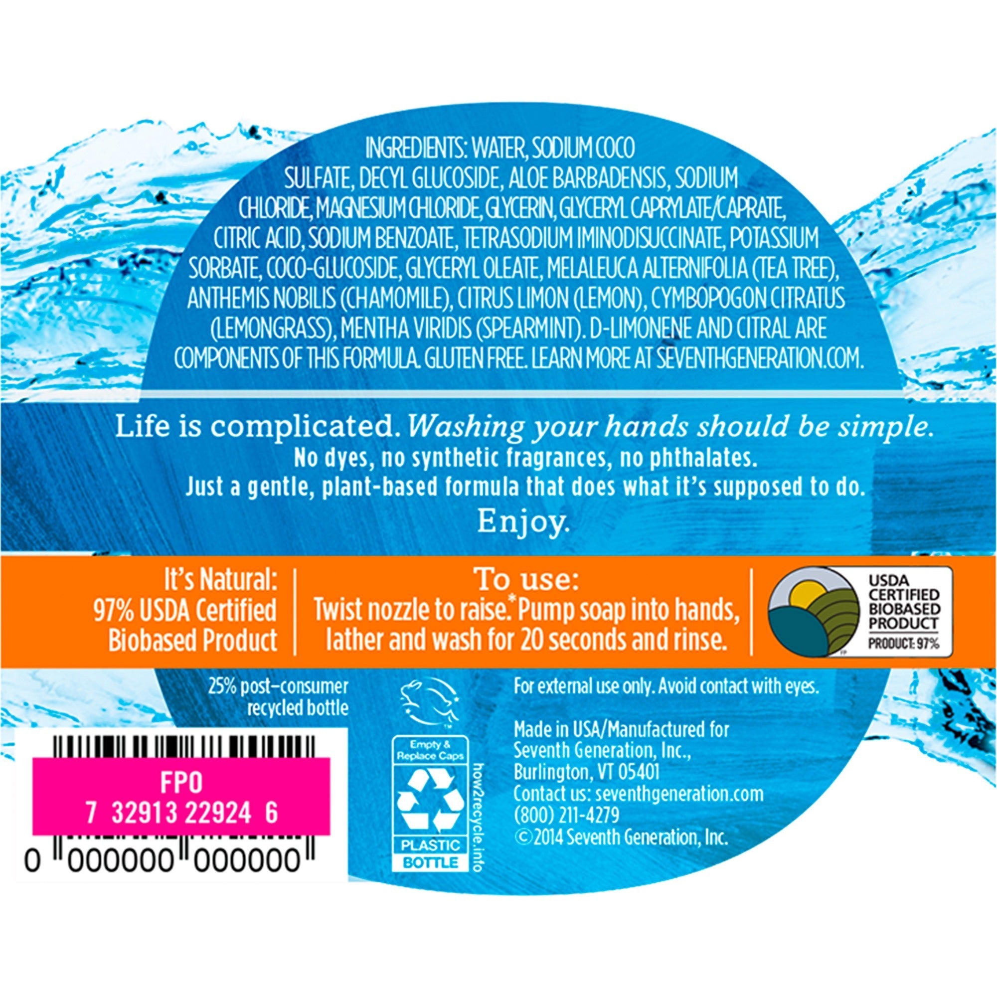 Seventh Generation Purely Clean Hand Wash - Fresh Lemon & Tea Tree ScentFor - 12 fl oz (354.9 mL) - Pump Bottle Dispenser - Kill Germs, Bacteria Remover - Hand - Antibacterial - Clear - Dye-free, Phthalate-free, Bio-based, Rich Lather, Gluten-free - -