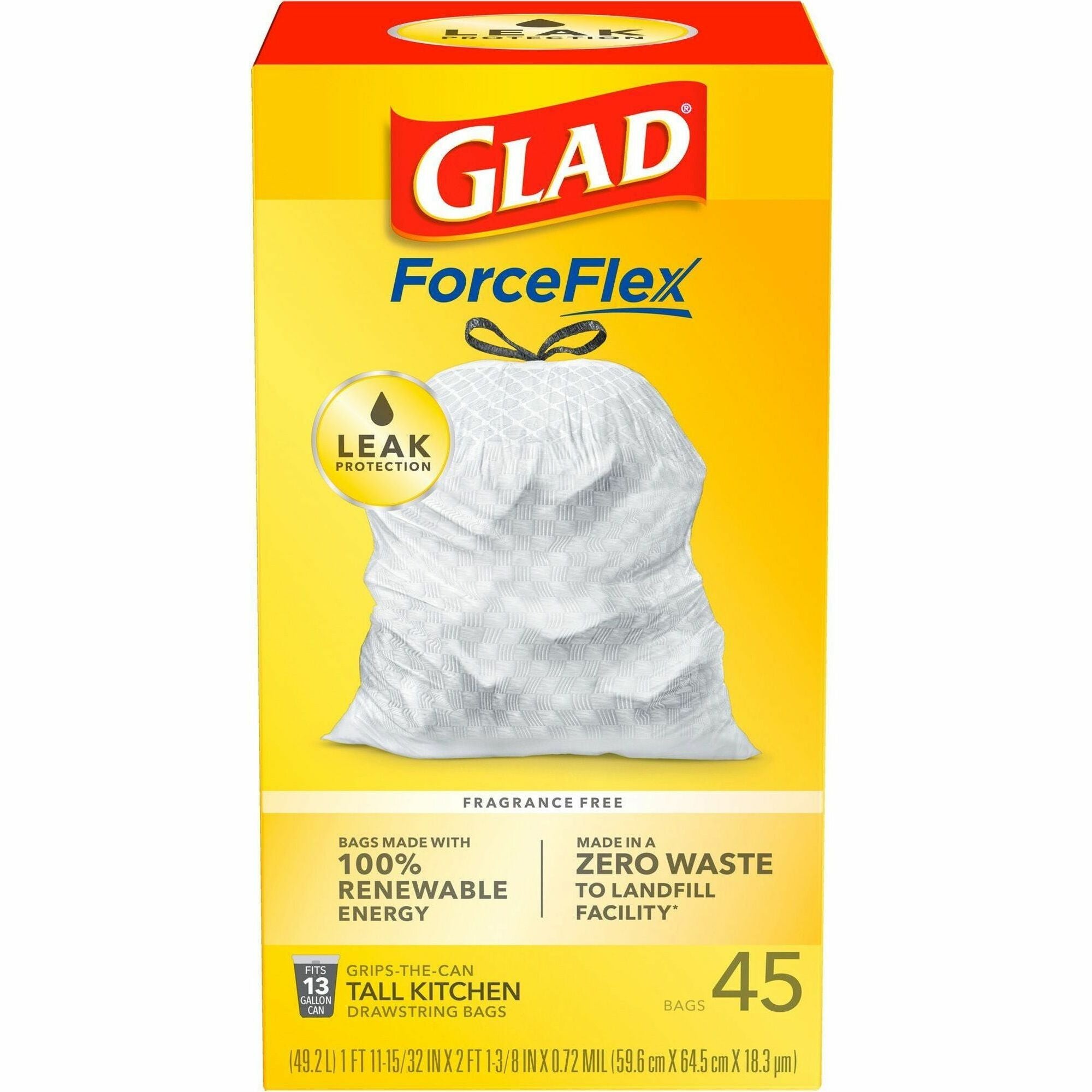 Glad ForceFlex Tall Kitchen Drawstring Trash Bags - 13 gal Capacity - 24" Width x 27" Length - 1 mil (25 Micron) Thickness - Drawstring Closure - White - Plastic - 45/Box - Kitchen, School, Office, Restaurant, Breakroom, Waste Disposal - 1