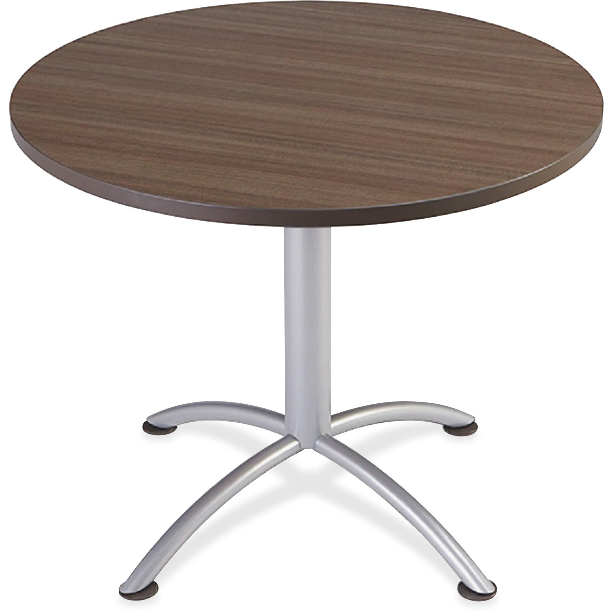 Iceberg iLand Round Hospitality Table - For - Table TopRound Top - Powder Coated Silver Base - Contemporary Style x 1.13" Table Top Thickness x 36" Table Top Diameter - 29" Height - Assembly Required - Laminated, Teak - Particleboard - 1 Each -