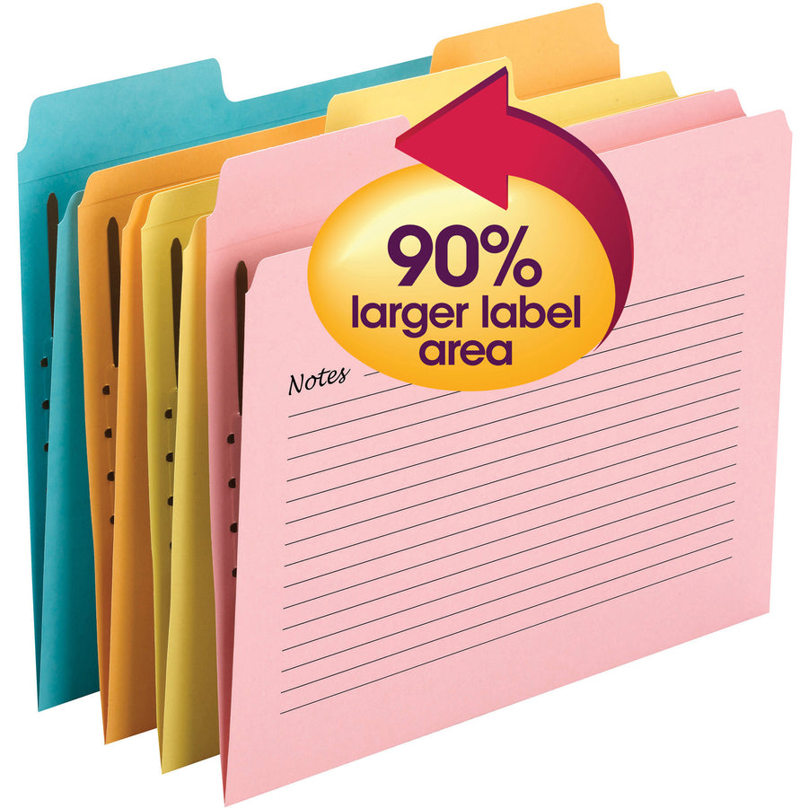 Smead SuperTab 1/3 Tab Cut Letter Recycled Top Tab File Folder - 8 1/2" x 11" - 1 x 2K Fastener(s) - Top Tab Location - Pink, Yellow, Goldenrod, Aqua - 10% Recycled - 24 / Pack -