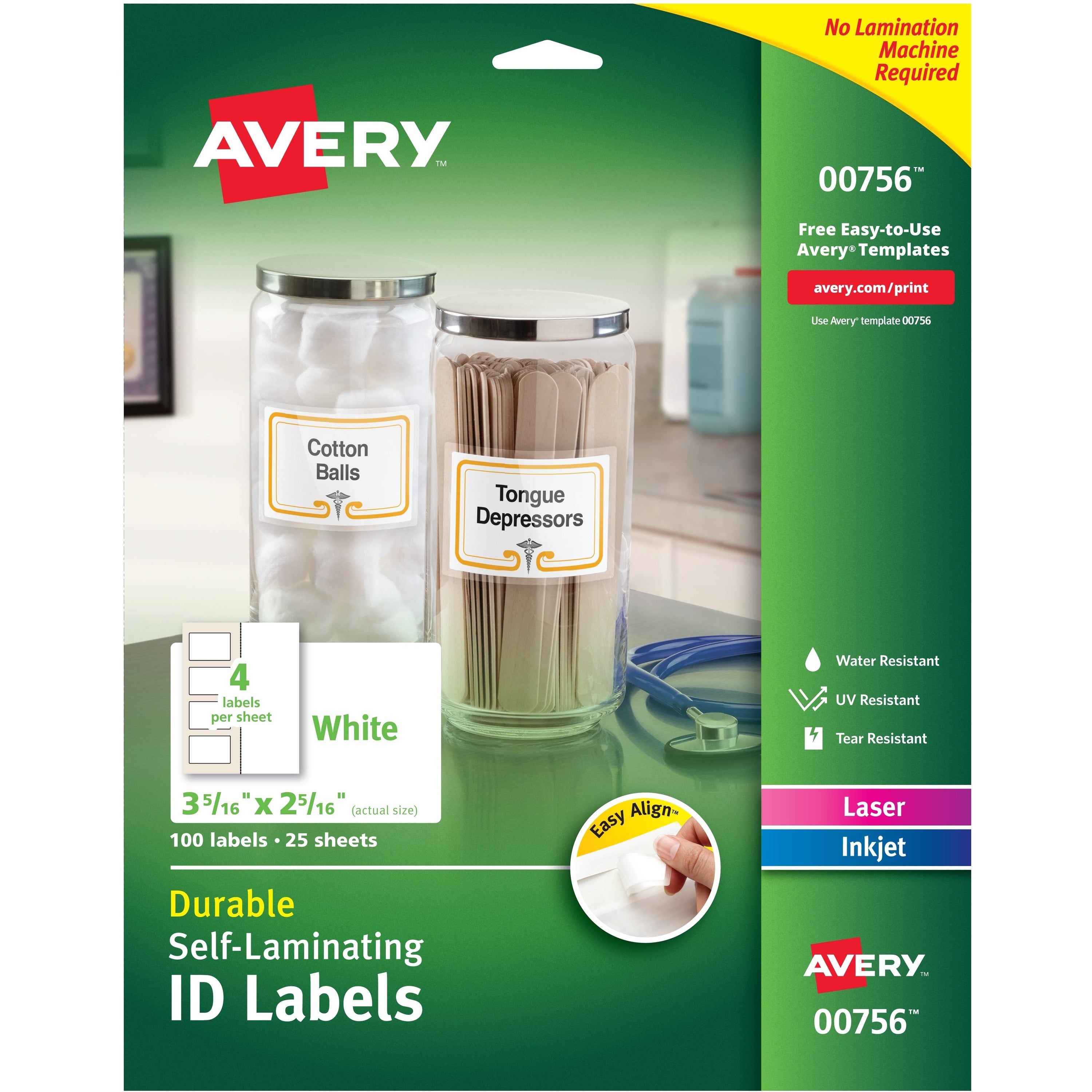 Avery Easy Align ID Label - 2 5/16" Width x 3 5/16" Length - Permanent Adhesive - Rectangle - Laser, Inkjet - White - Film, Laminate - 4 / Sheet - 25 Total Sheets - 100 Total Label(s) - 5 -