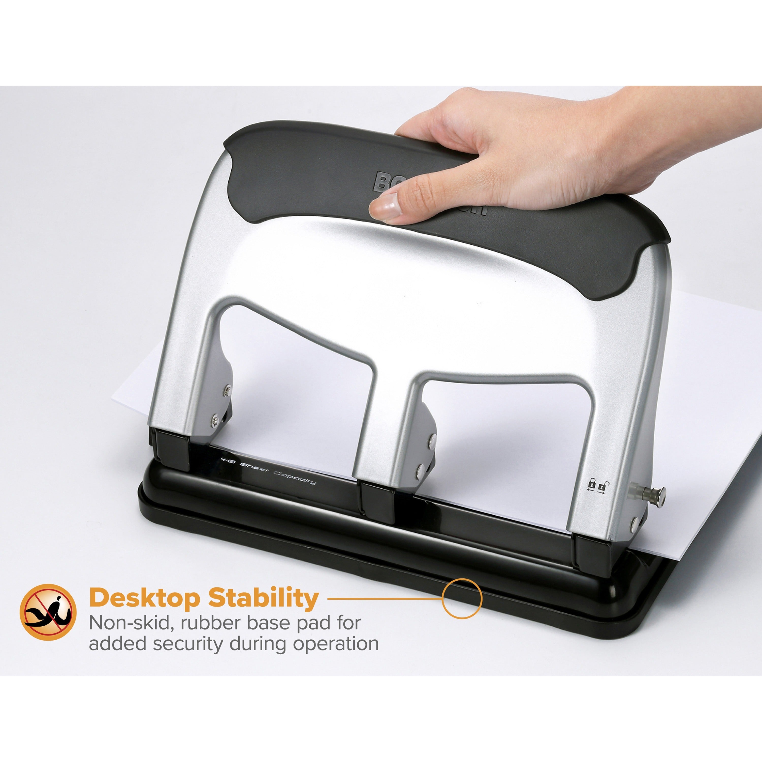 Bostitch EZ Squeeze 40-sheet 3-Hole Punch - 3 Punch Head(s) - 40 Sheet of 20lb Paper - 9/32" Punch Size - 7.4" x 3.1" - Black, Silver -
